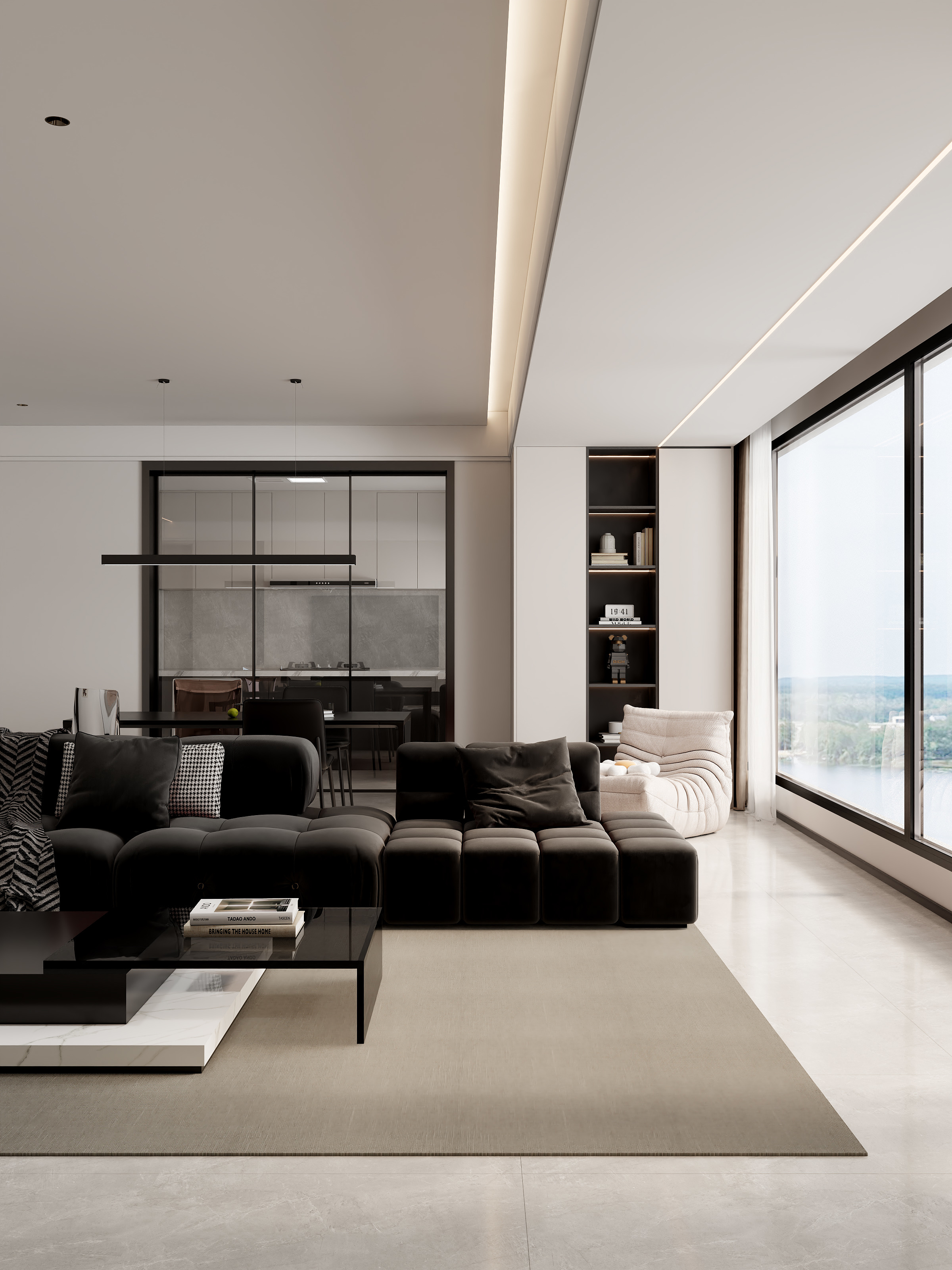 沐光|知行视觉设计工作室-阿东-沁园-极简黑白灰装修效果图