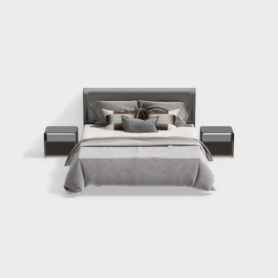 Modern Double Bed Set 3D Model in Gray