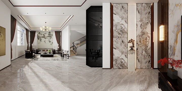 全案设计-陈强-别墅一层中式三次意式轻奢-装修设计方案