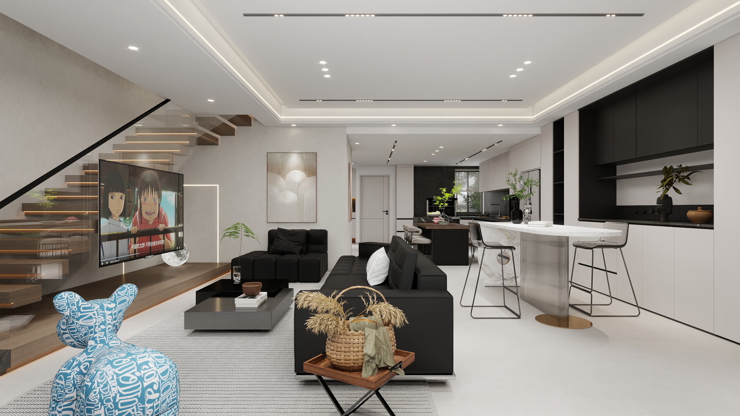 水色设计工作室-黑白木|226m²四房复式黑白原木极简风-装修设计方案