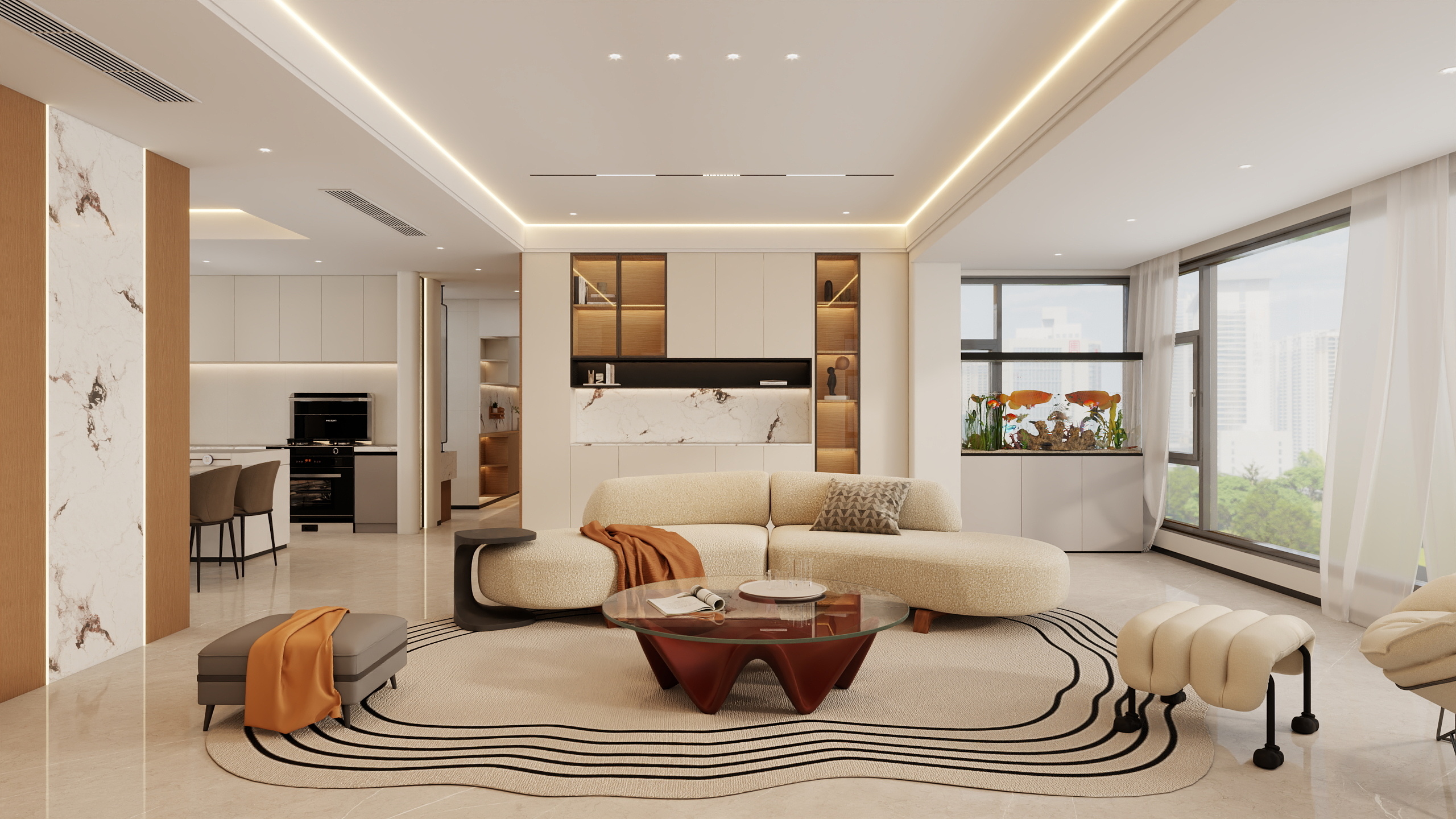 李青越-152方现代原木风格三居室装修效果图