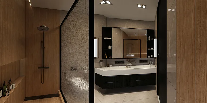 Reflective Spaces的装修设计方案:Stone and Wood Bathroom