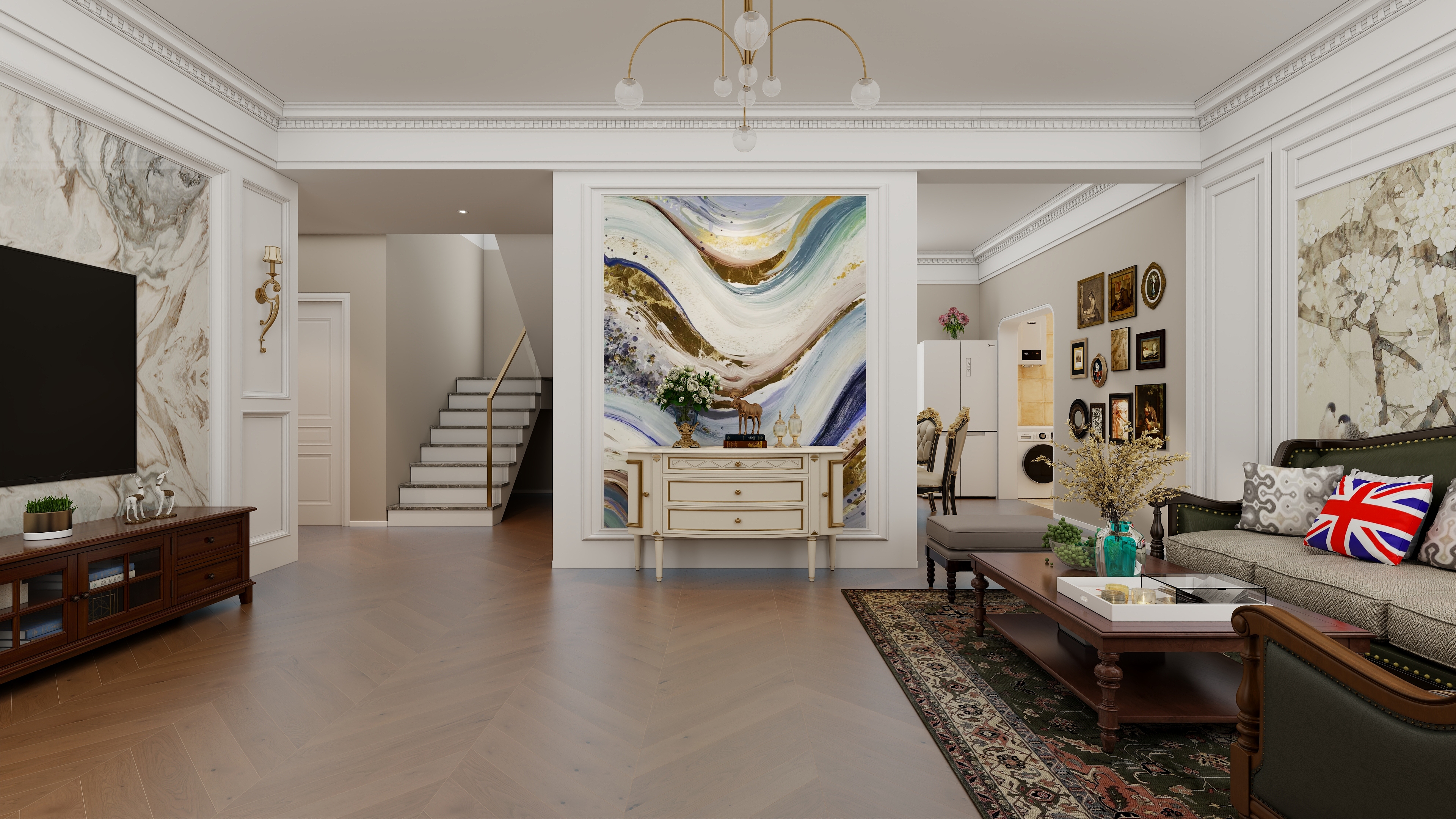 设计师丨胡月平-自建房-美式135㎡3室装修效果图