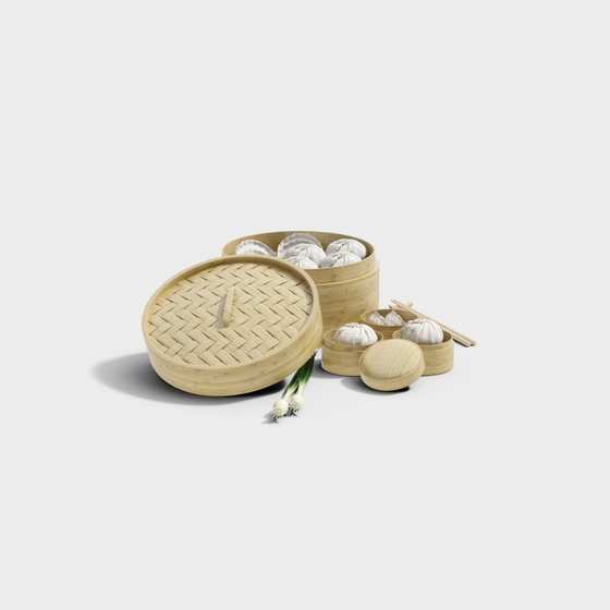 Steamed Dumpling and Bread Set 3D Model