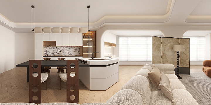 易鱼-奶油风客餐厅-装修设计方案