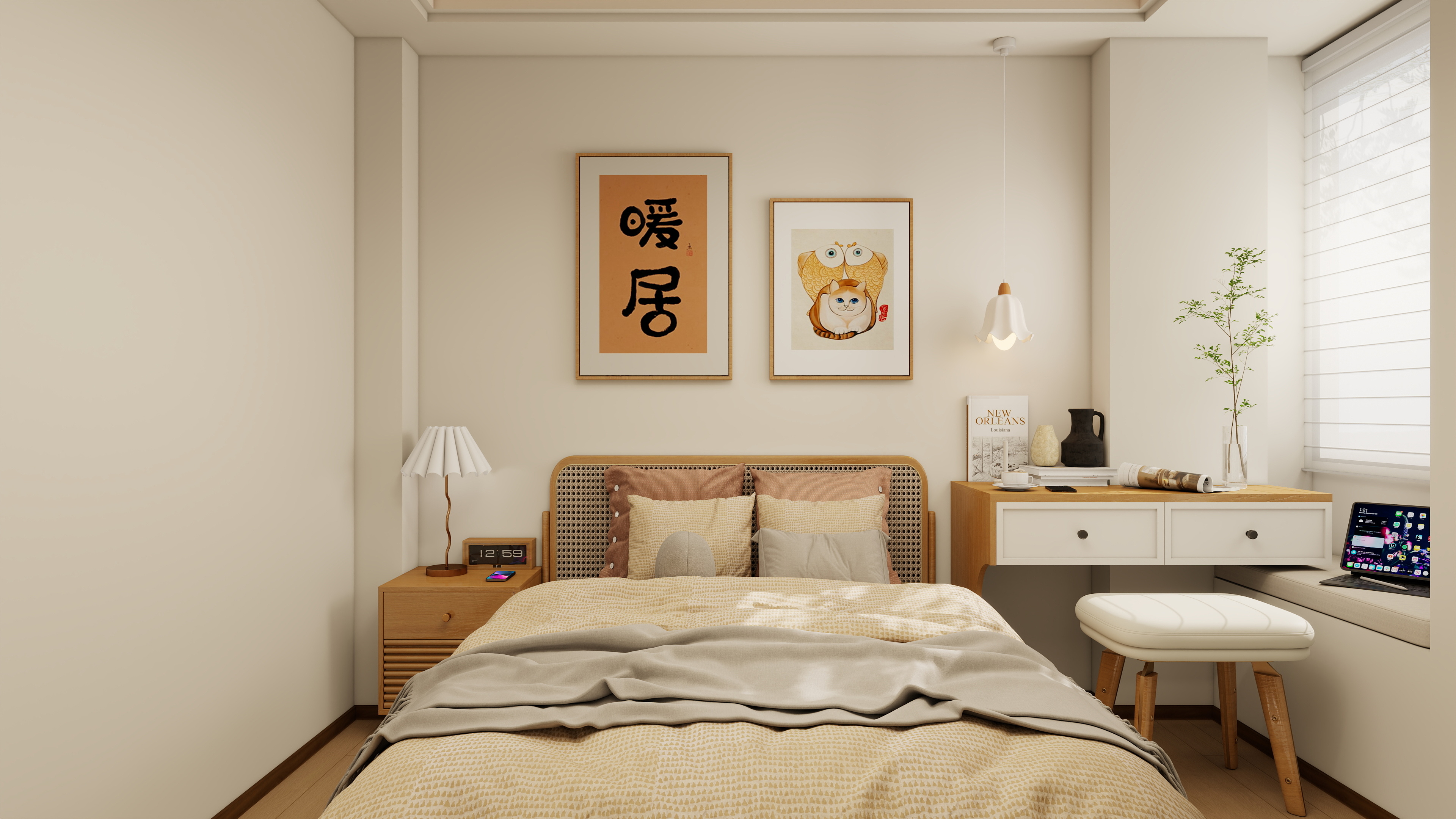 一涧设计-奶油原木风卧室-装修设计方案