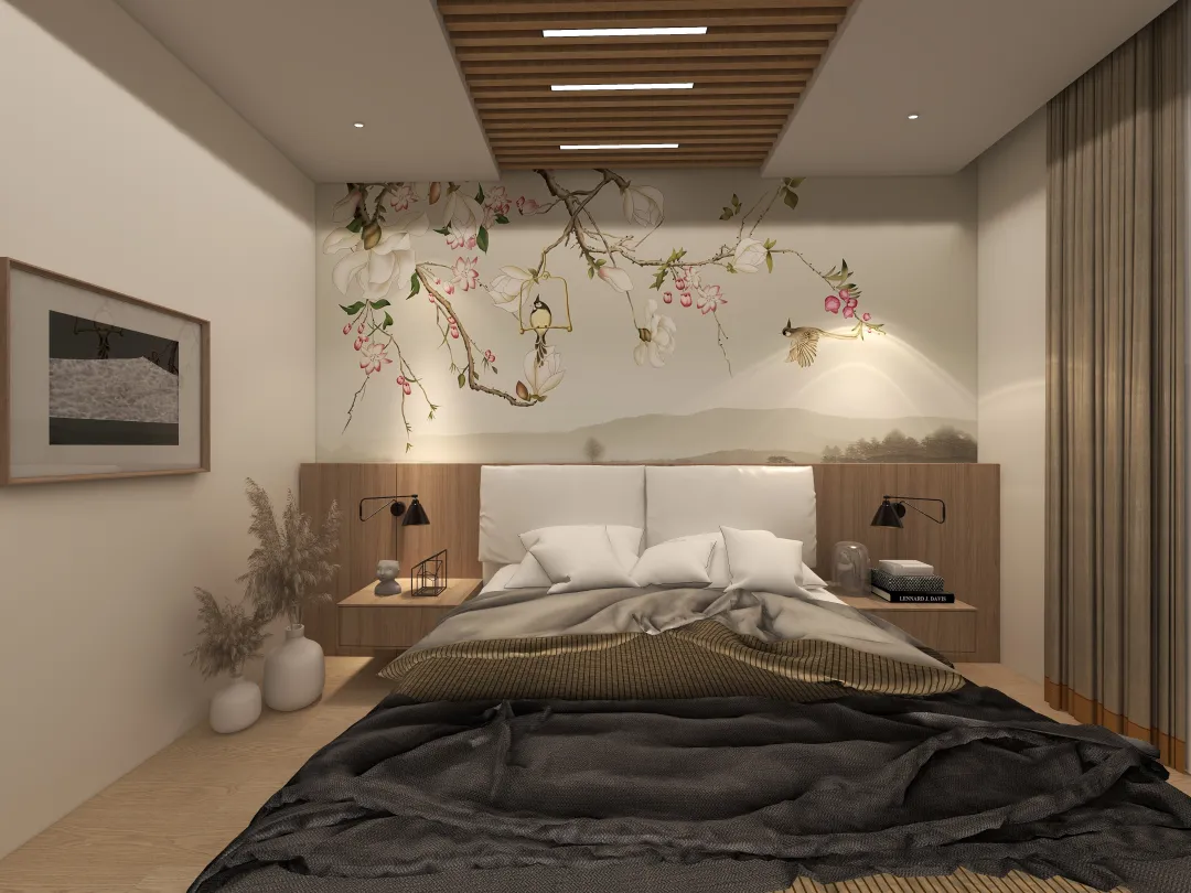 kikine-971的装修设计方案:Scandinavian bedroom with floral mural accents