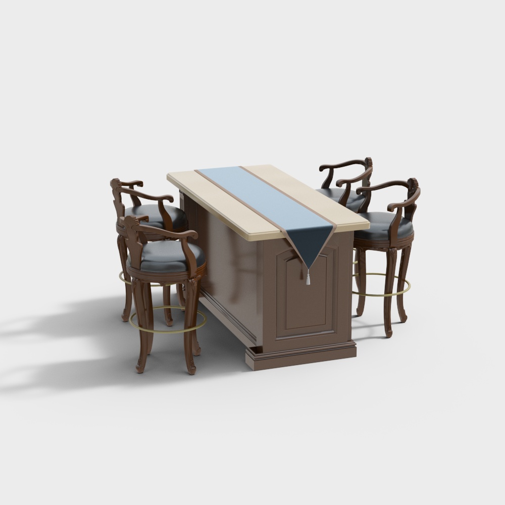 中古风岛台餐桌椅组合3D模型
