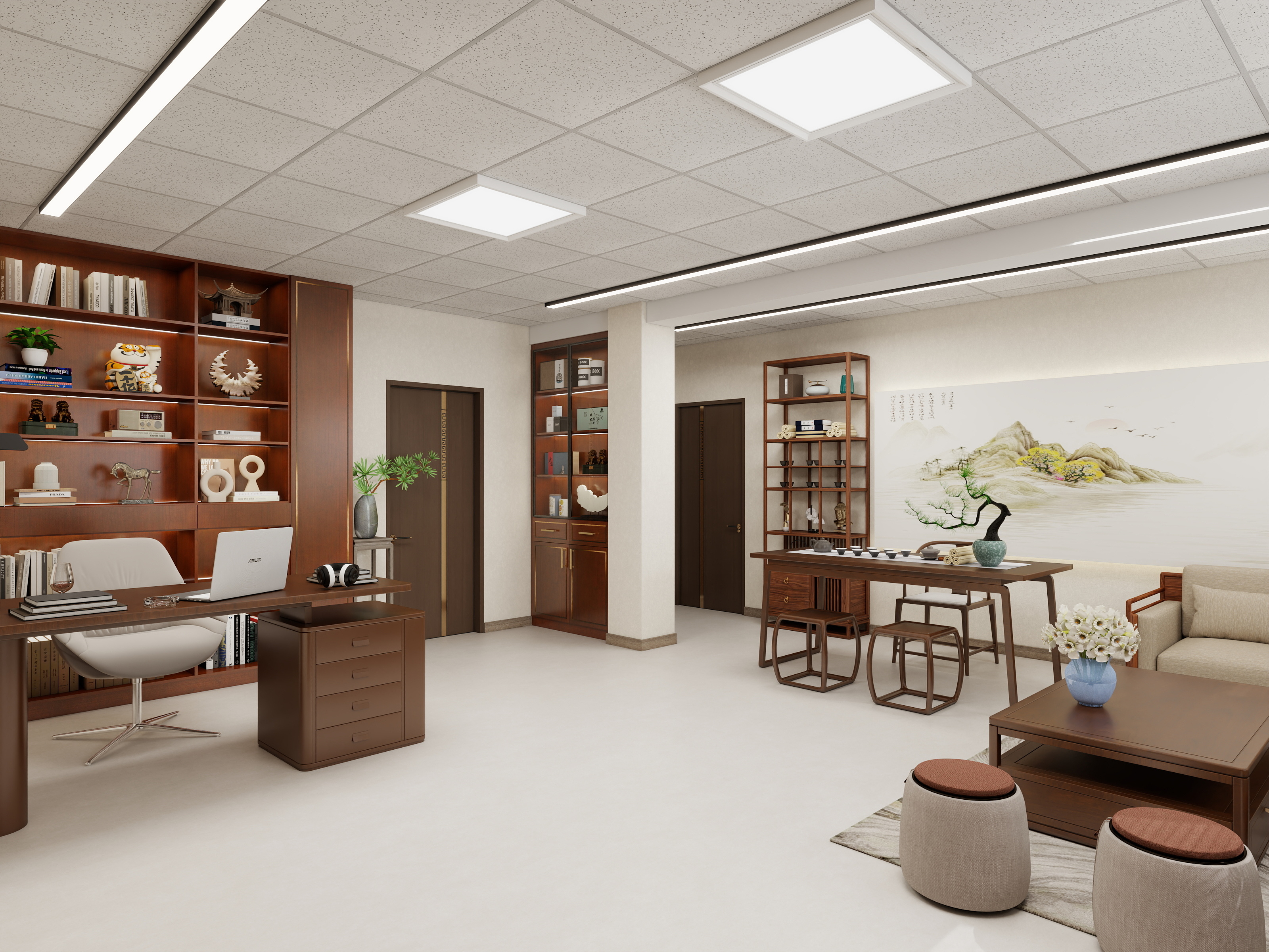 书凡设计--永和装饰-新中式60平办公空间设计方案装修效果图