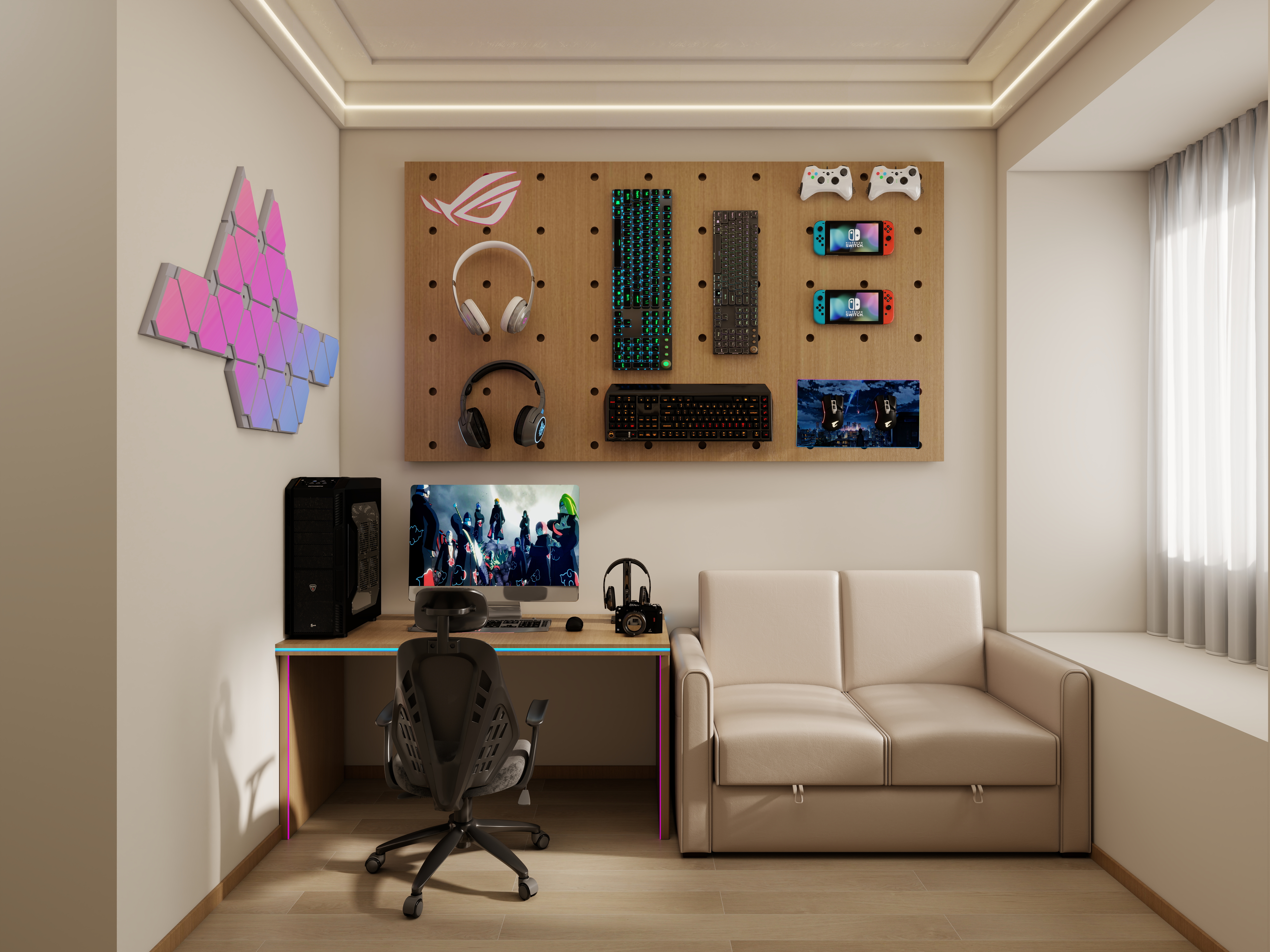 壹诺设计工作室-117㎡3室-原木风 一层电竞装修效果图第2张