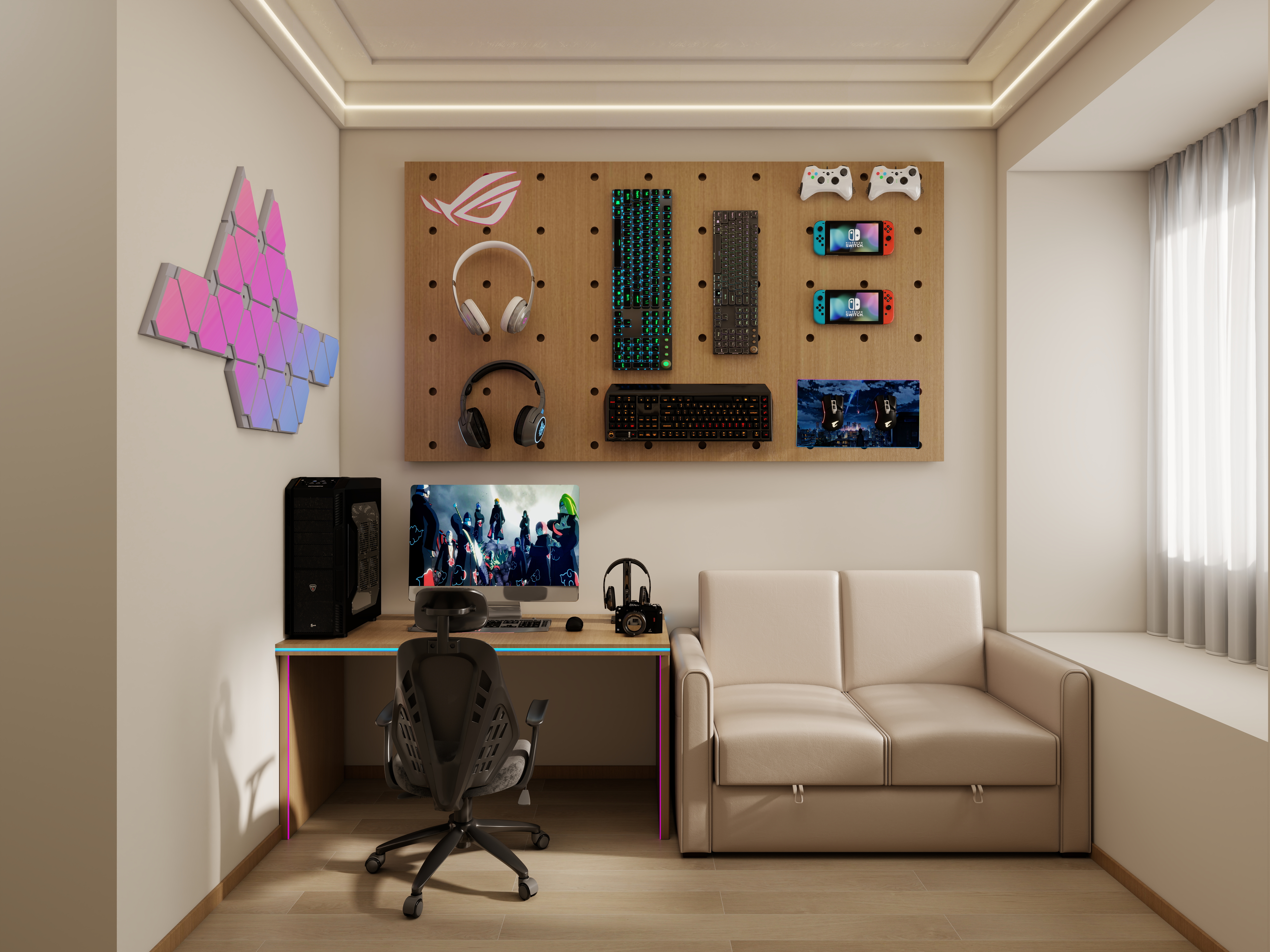 壹诺设计工作室-117㎡3室-原木风 一层电竞装修效果图第1张