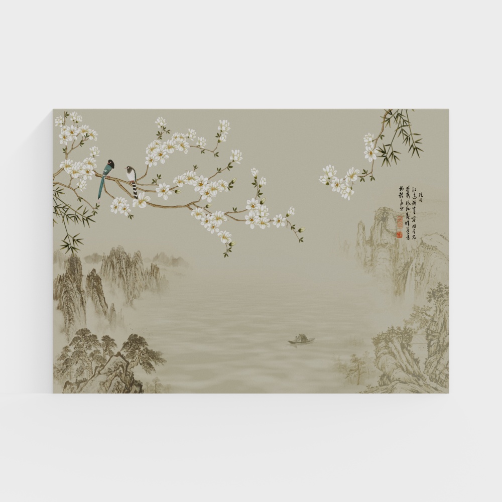艾尔兰墙布刺绣背景墙－新中式花鸟山水国风壁画硬包-适用于酒店别墅会所茶楼饭店民宿客厅卧室书房