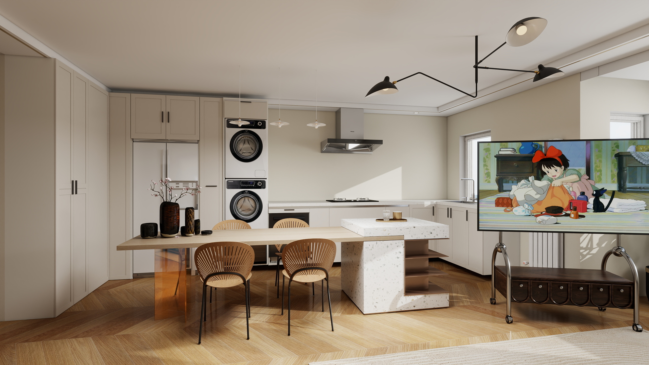 梁非-远洋一方溪语苑89平米中古奶油风设计装修效果图