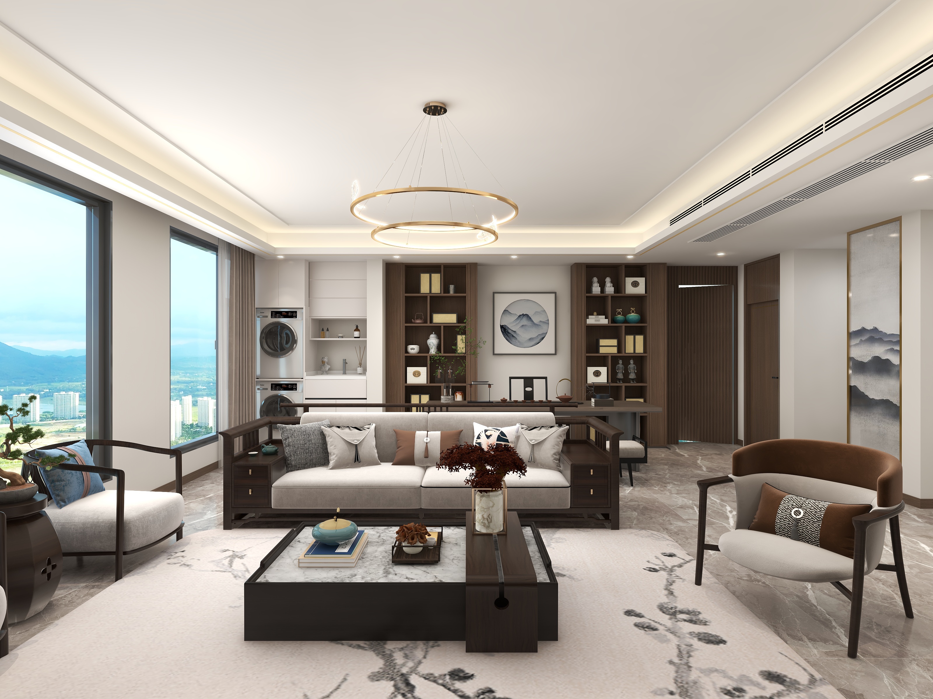 李青越-70平方新中式客餐厅样板间装修效果图