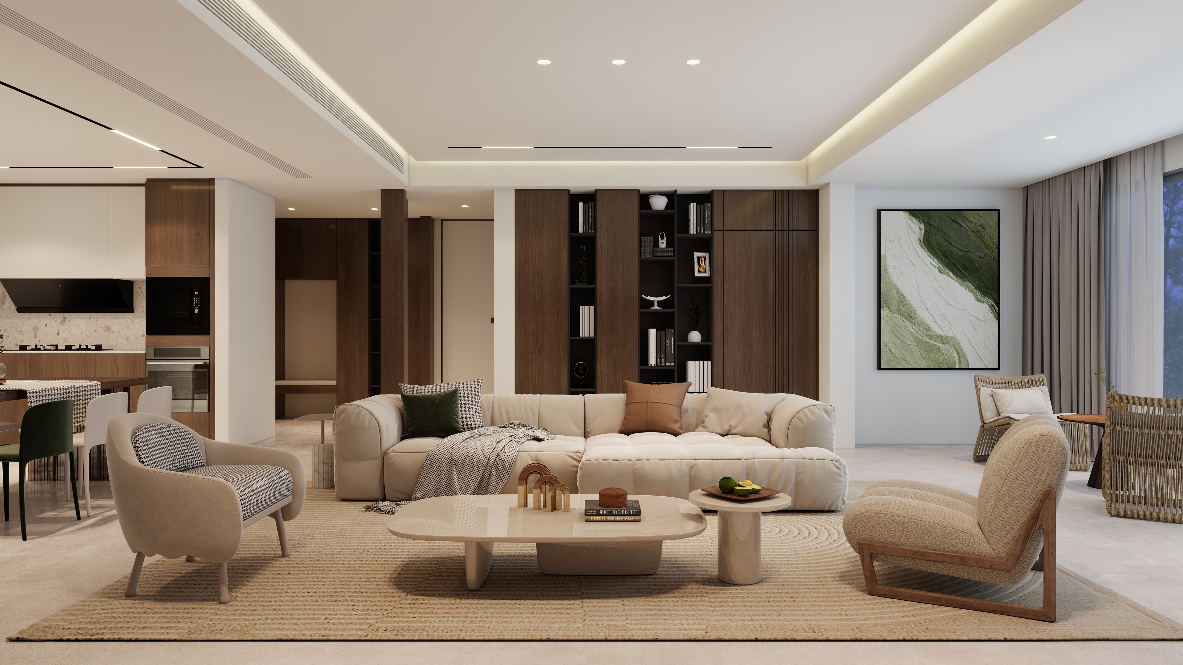 大金空调官方-简素之居—150㎡简约原木风客餐厅装修效果图