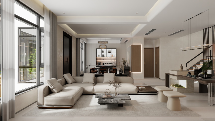 至简名设一钱春-260平现代极简别墅【春】装修效果图