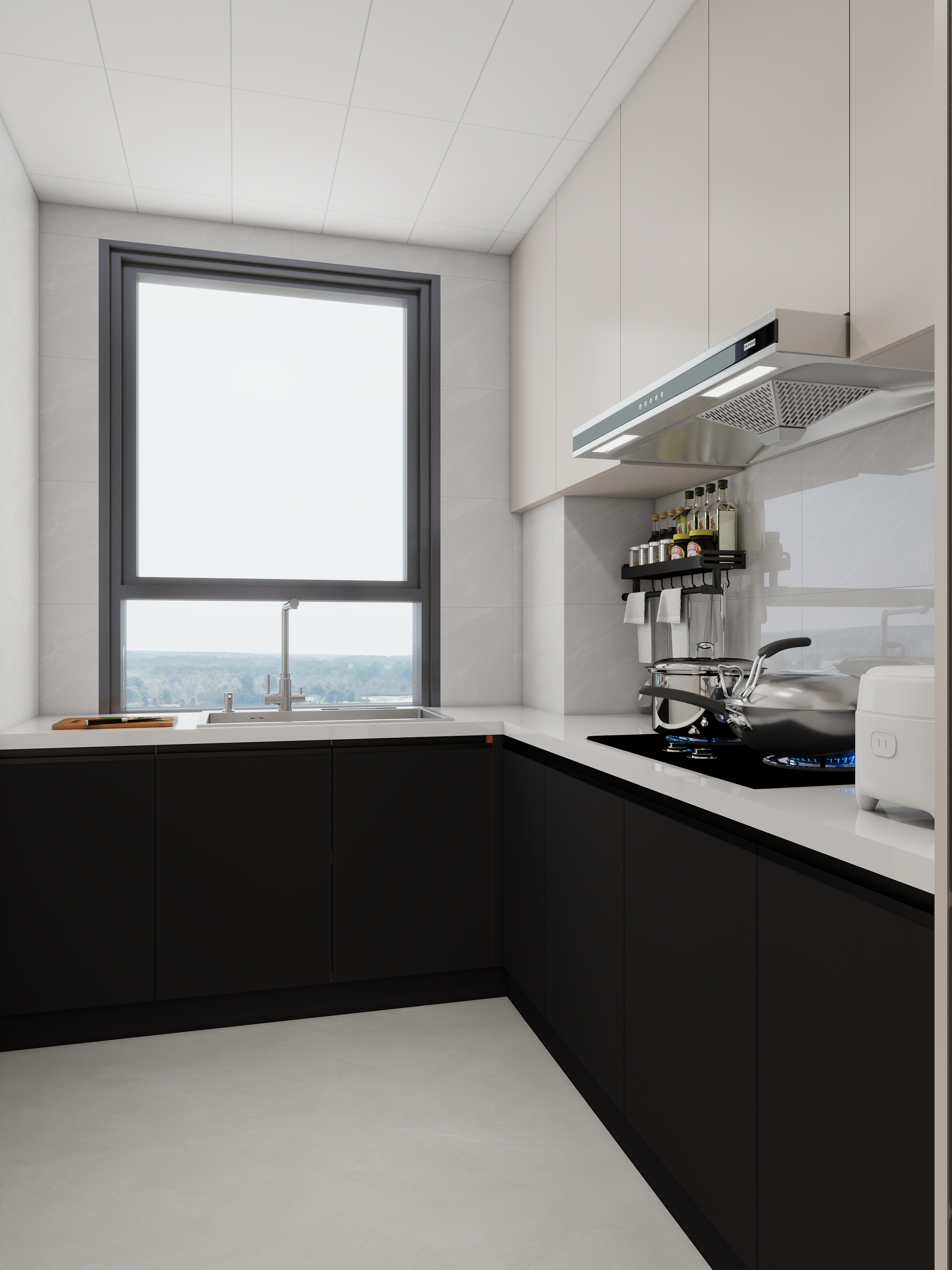 李青越-109方现代黑白灰三居室样板间装修效果图