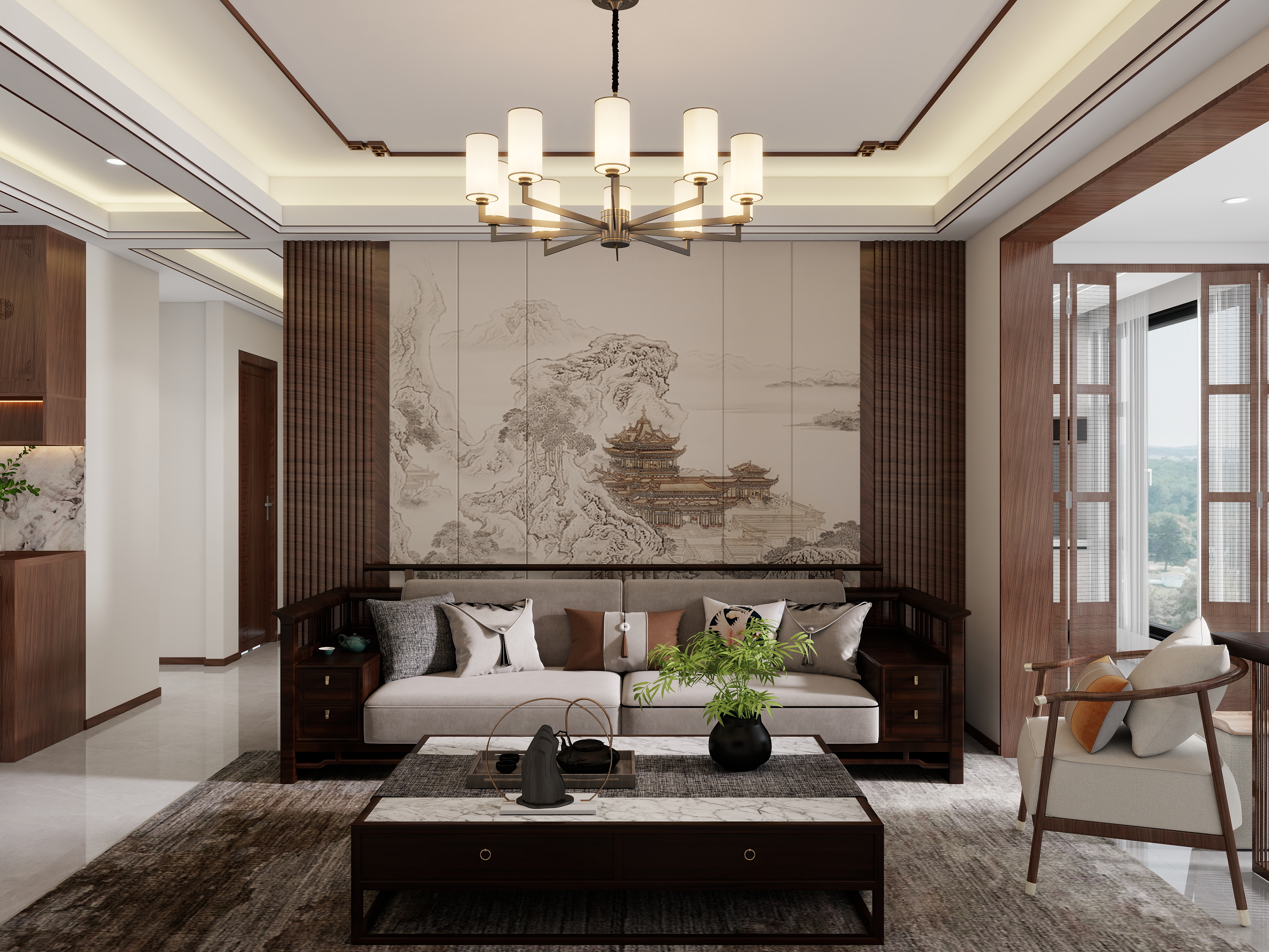 李青越-111方新中式风格三居室样板间装修效果图