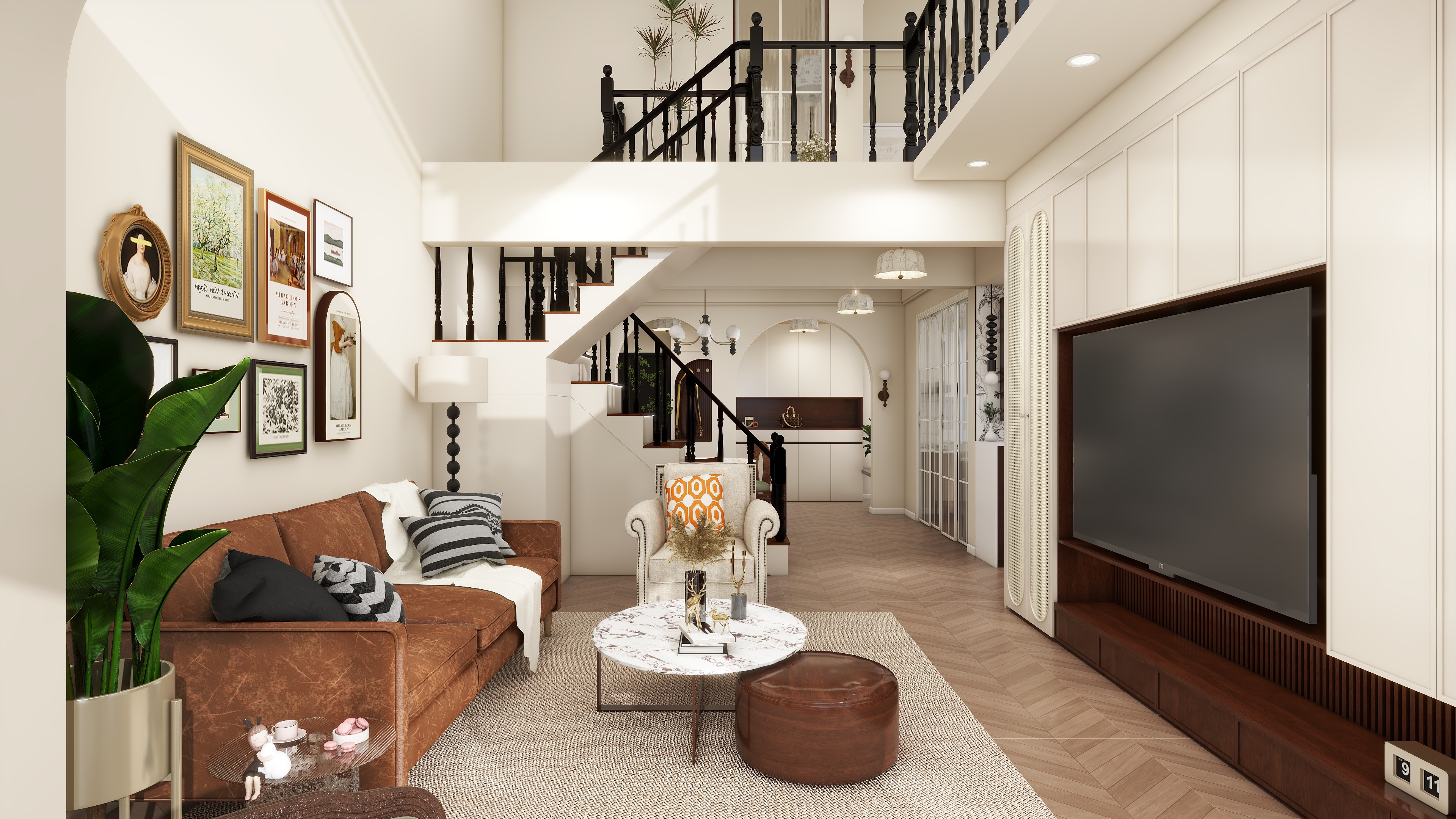 设计师言色-2层别墅法式复古-客餐厅阳光房装修效果图