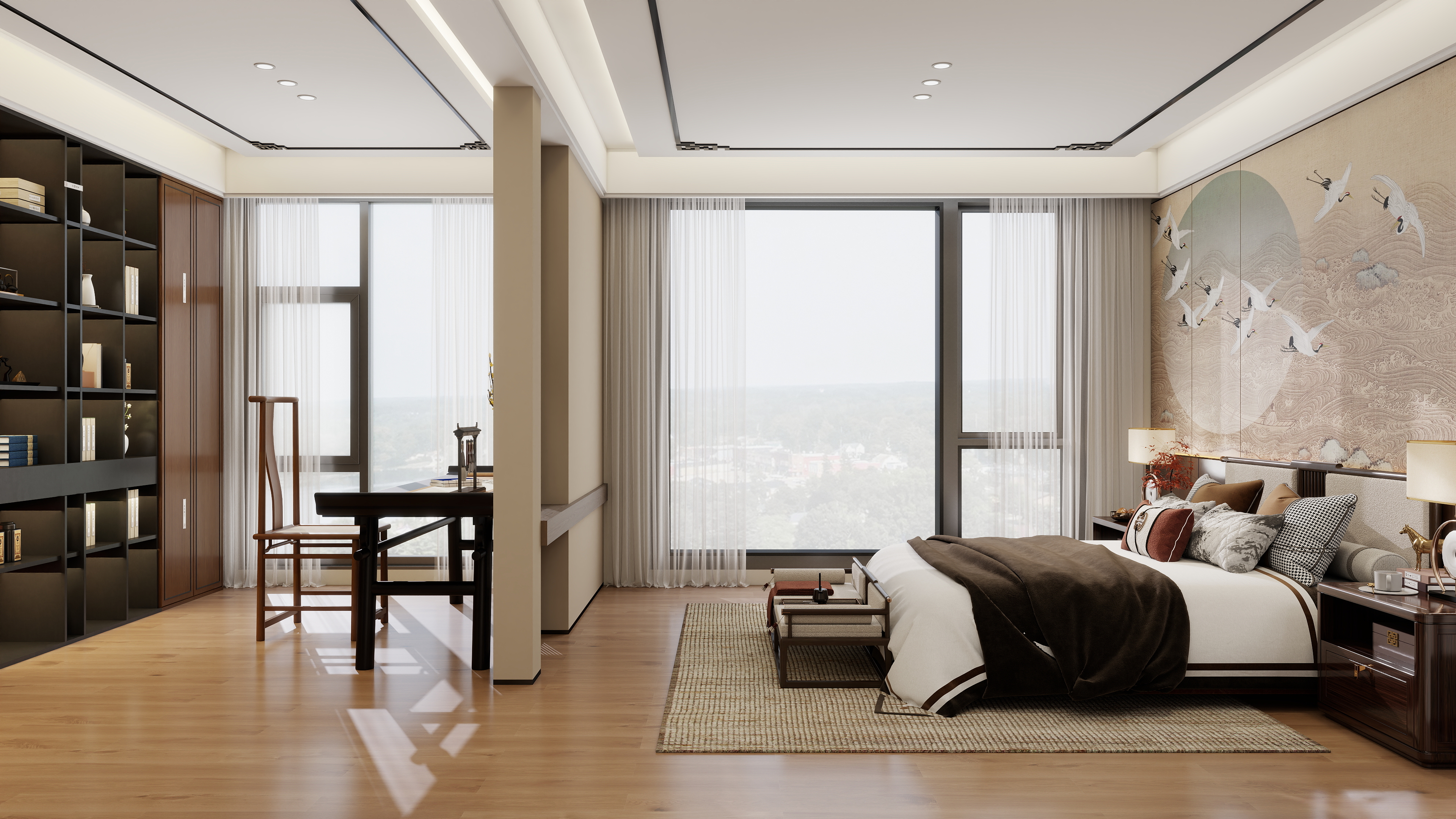 大金空调官方-雅韵融合|新中式卧室书房一体化设计装修效果图