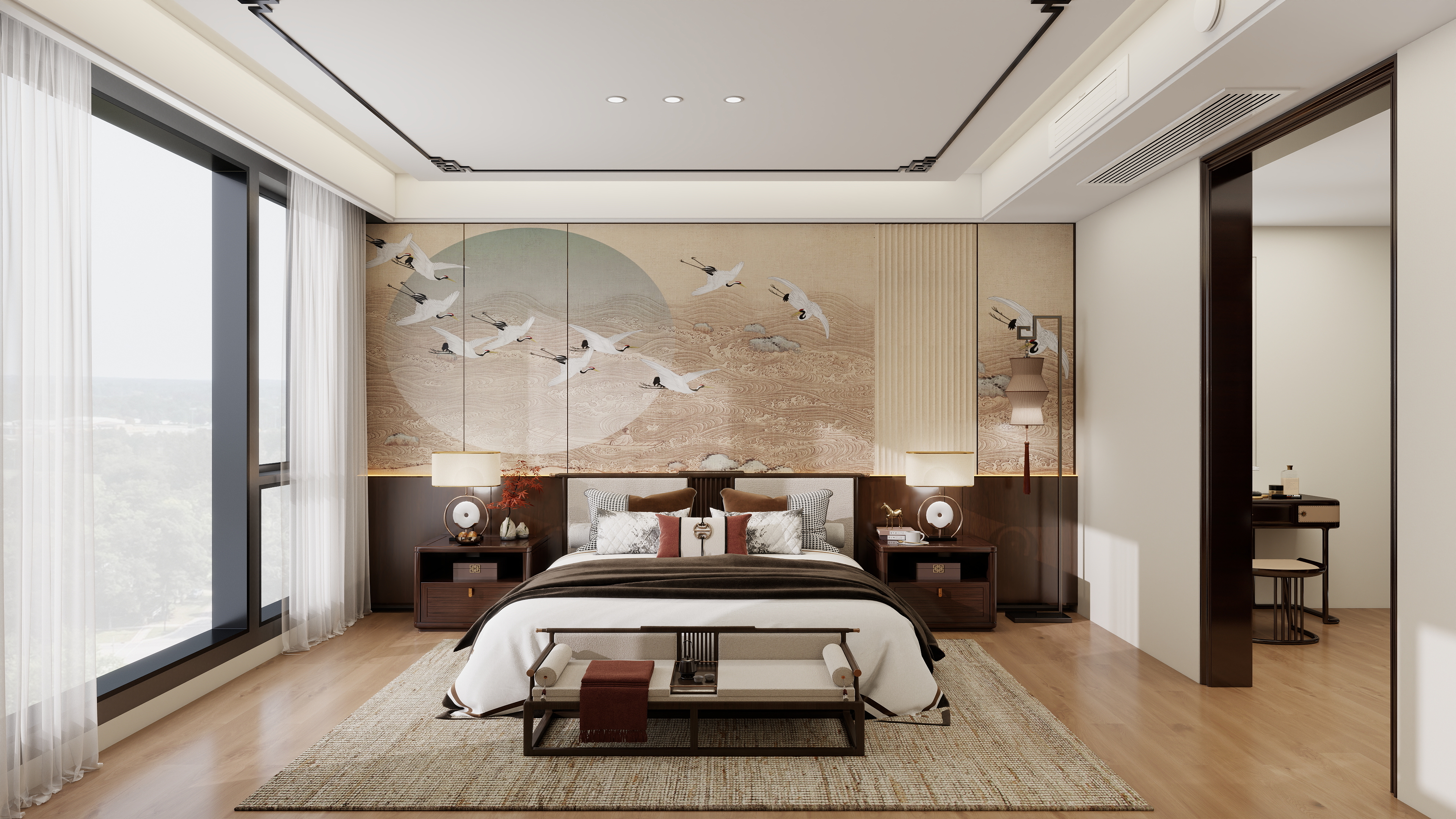 大金空调官方-雅韵融合|新中式卧室书房一体化设计装修效果图