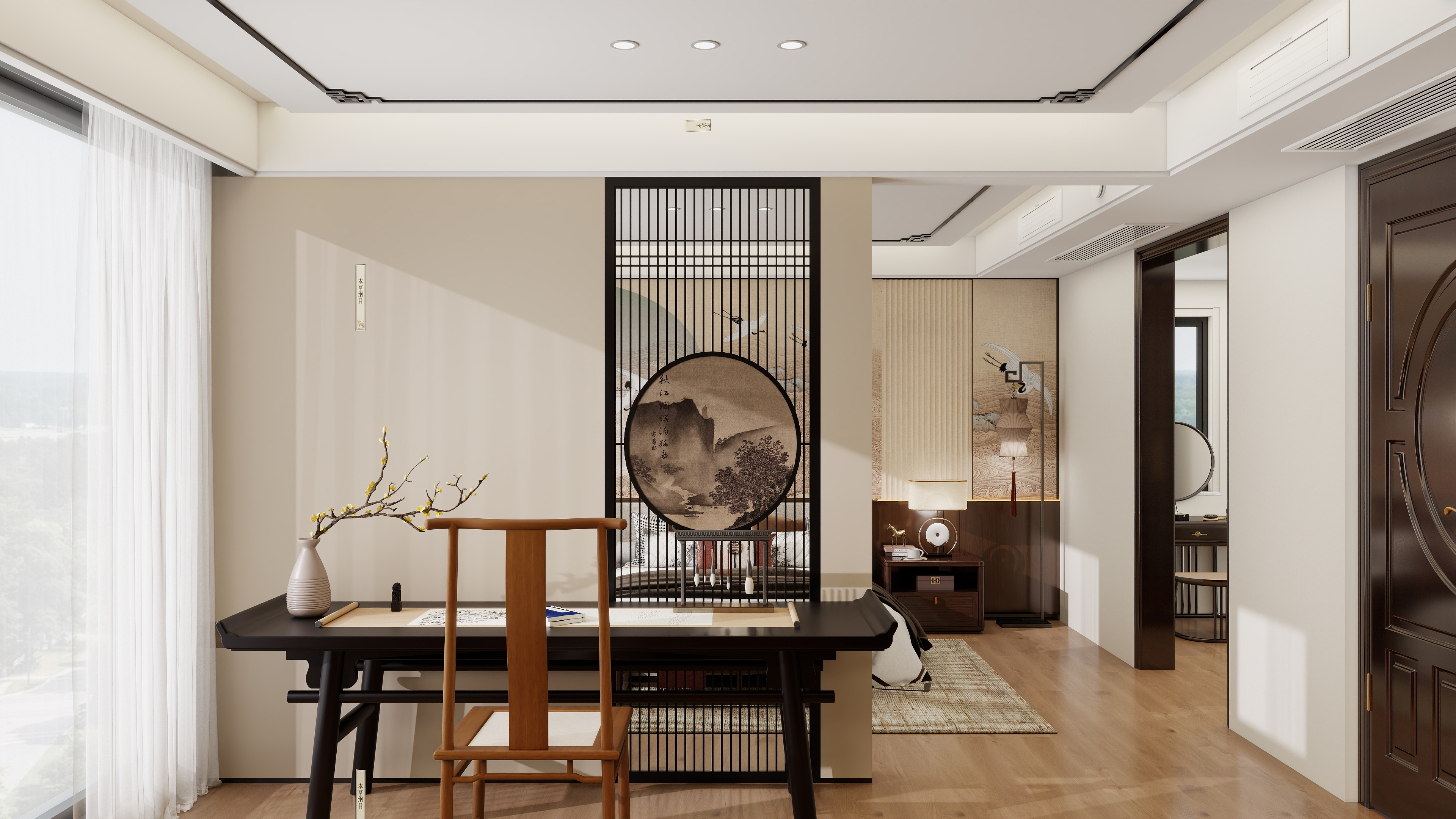 大金空调官方-雅韵融合|新中式卧室书房一体化设计装修效果图