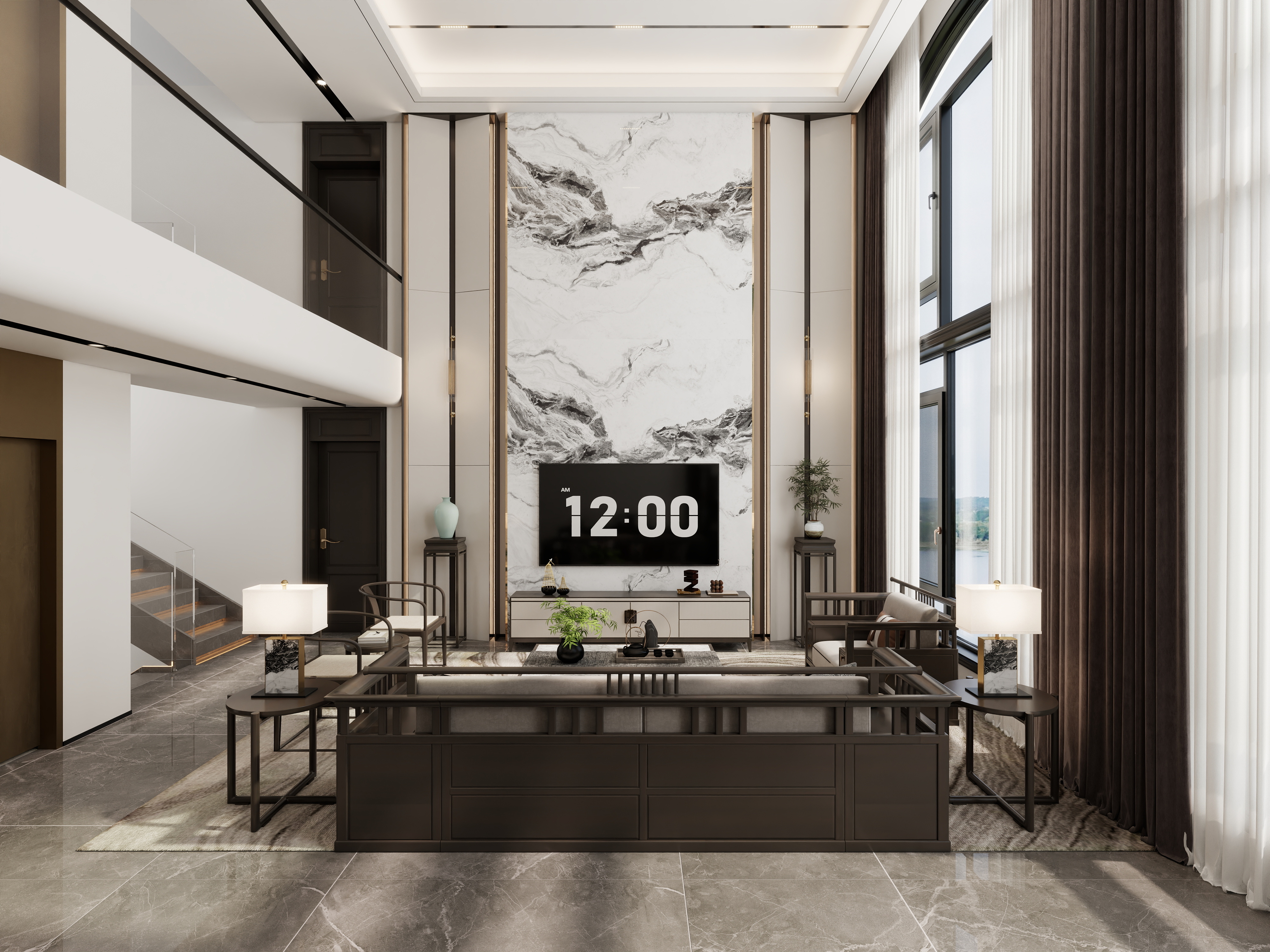 孙有权-『簪星曳月』510平丨新中式+现代简约挑空别墅装修效果图