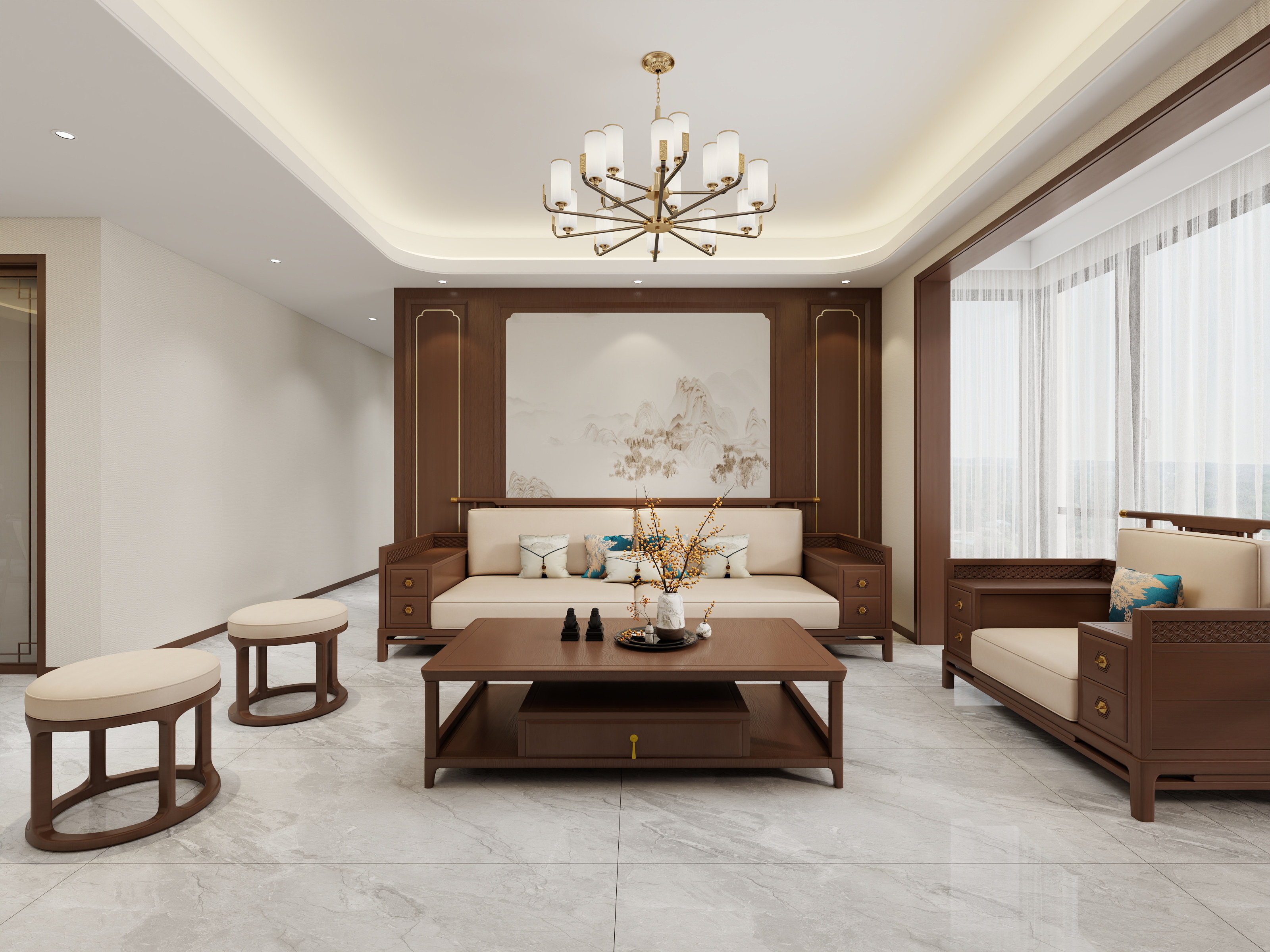 李青越-130平方新中式四居室样板间装修效果图