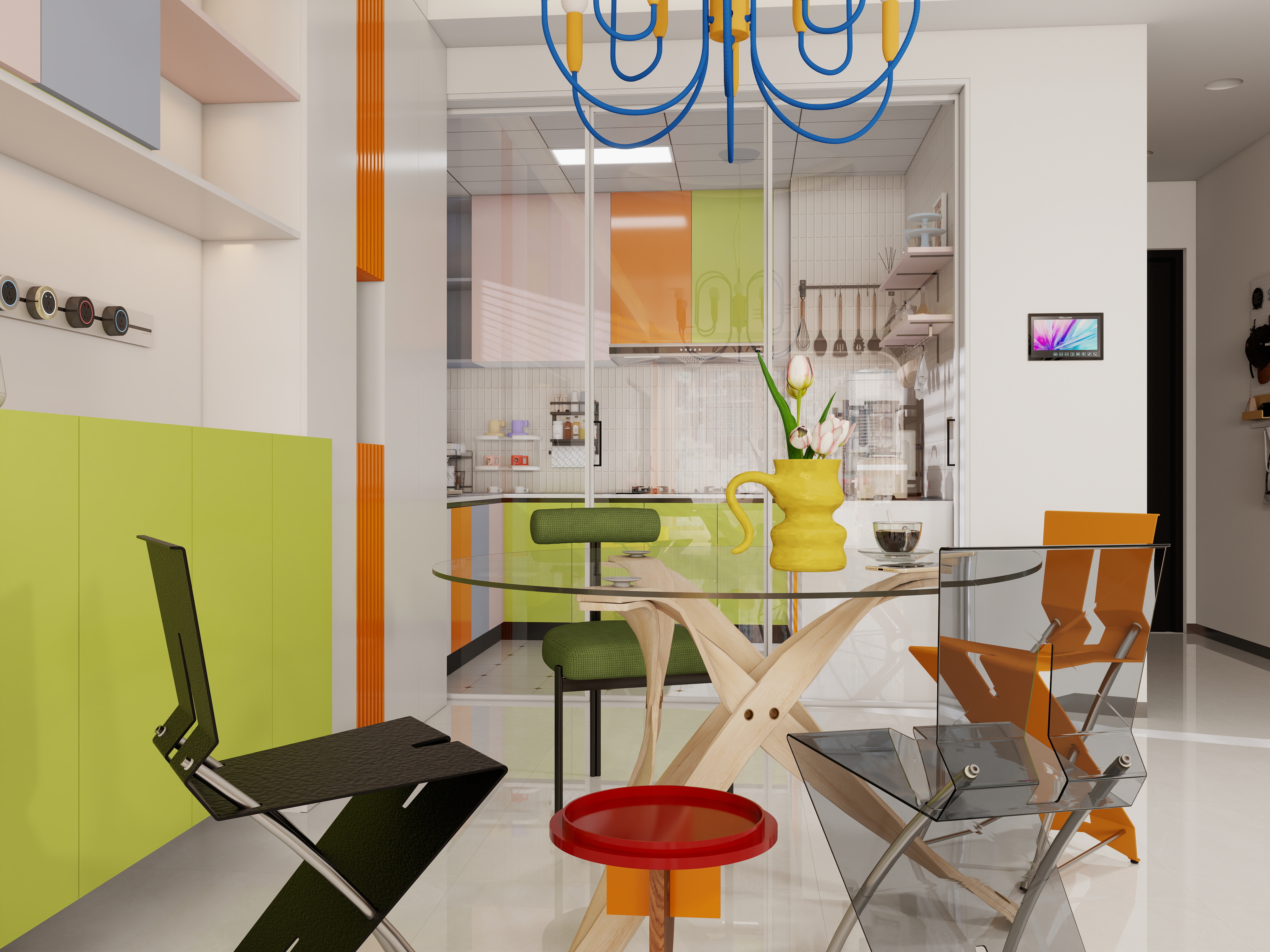 设计-男孩-多巴胺奶油风一层客餐厅装修效果图第1张