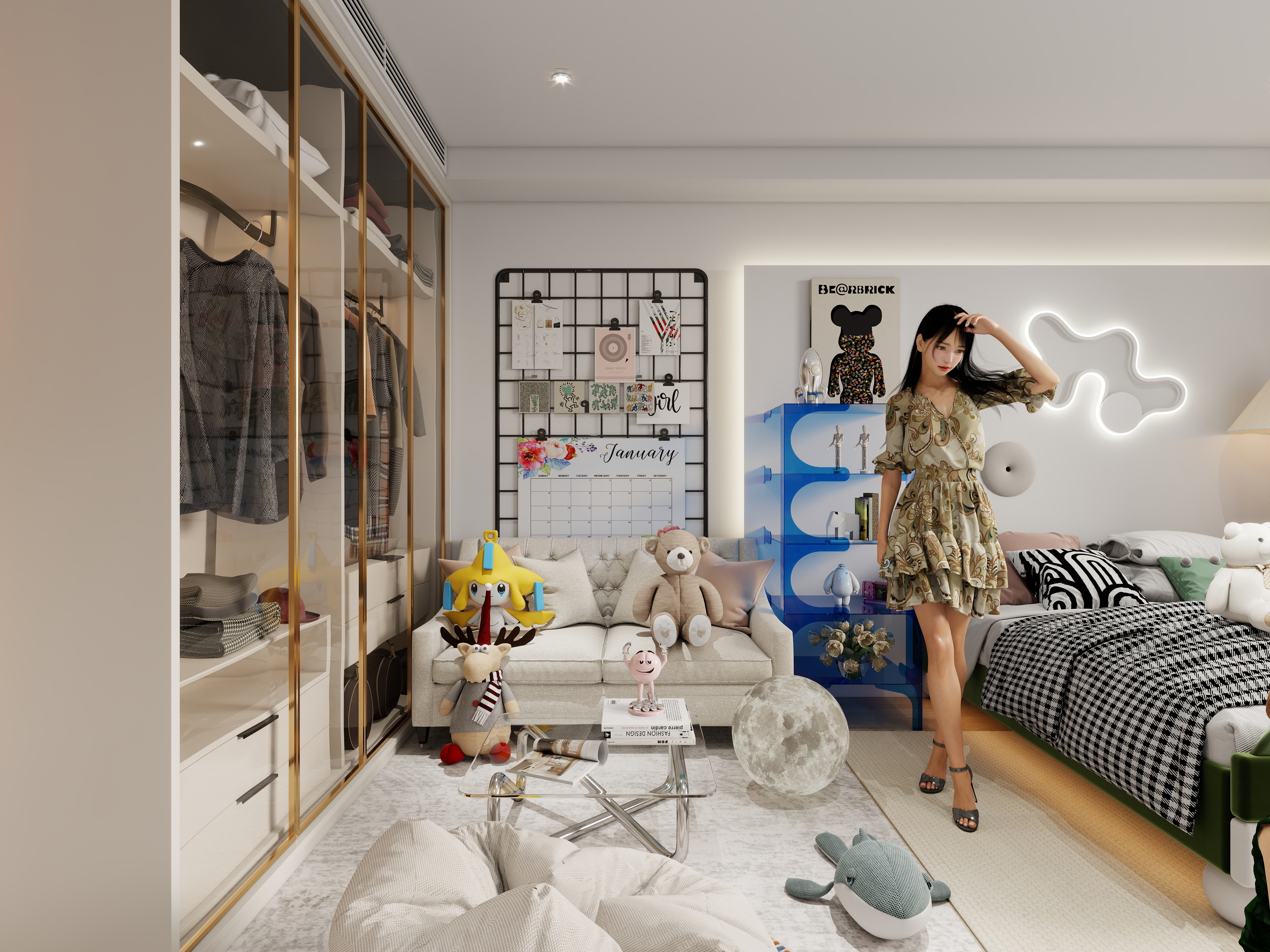 设计-男孩-一室出租屋奶油风-装修设计方案