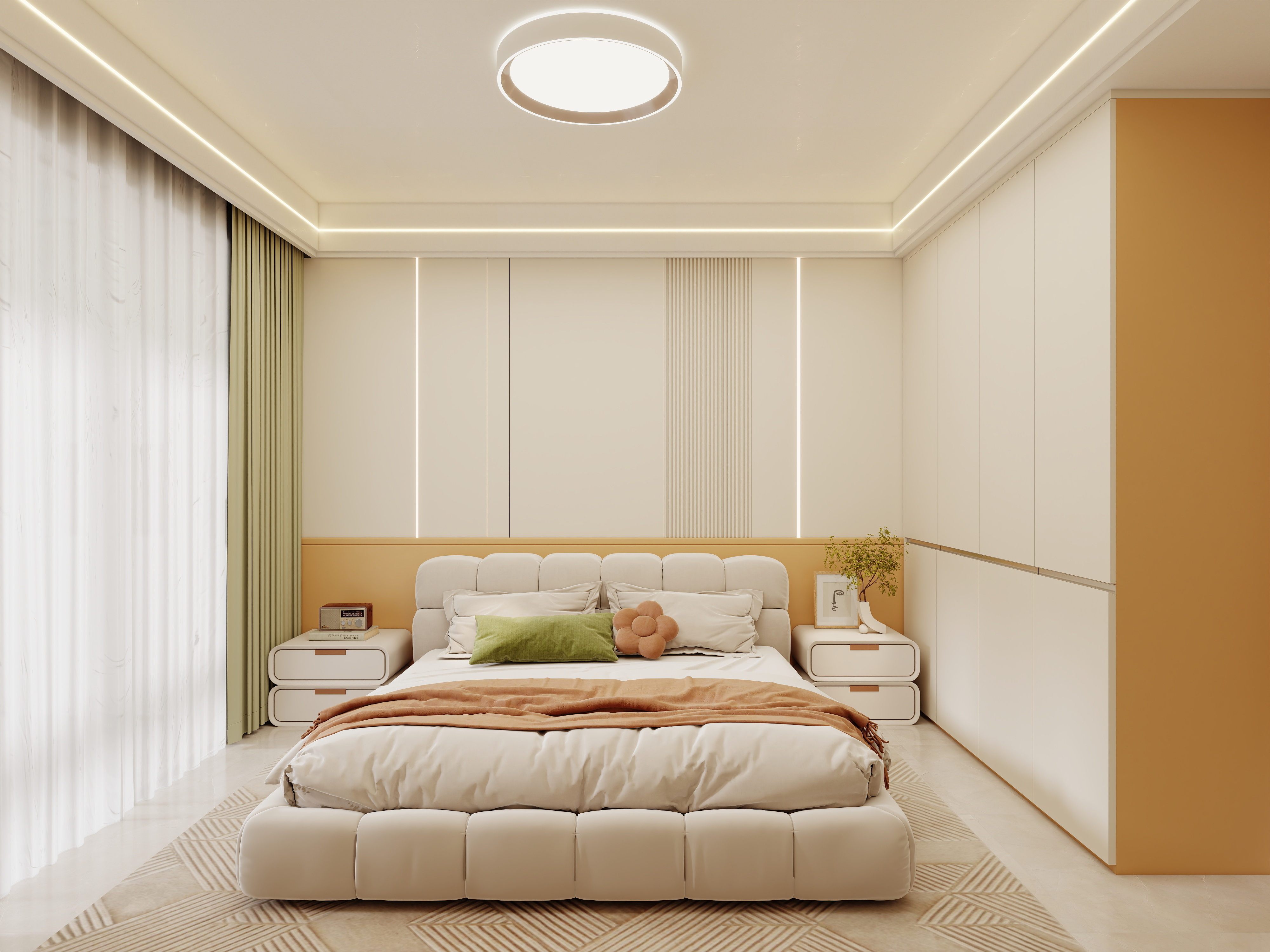 壹诺设计工作室-88㎡2室-奶油风一层主卧装修效果图第2张