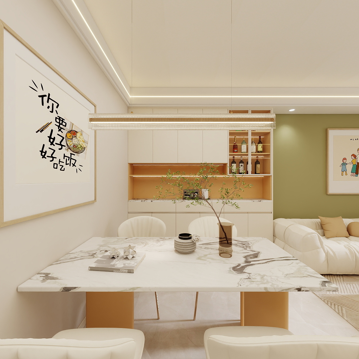 壹诺设计工作室-88㎡2室-奶油风一层客餐厅装修效果图第5张