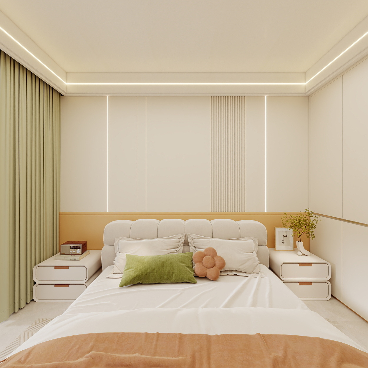 壹诺设计工作室-88㎡2室-奶油风一层主卧装修效果图第3张