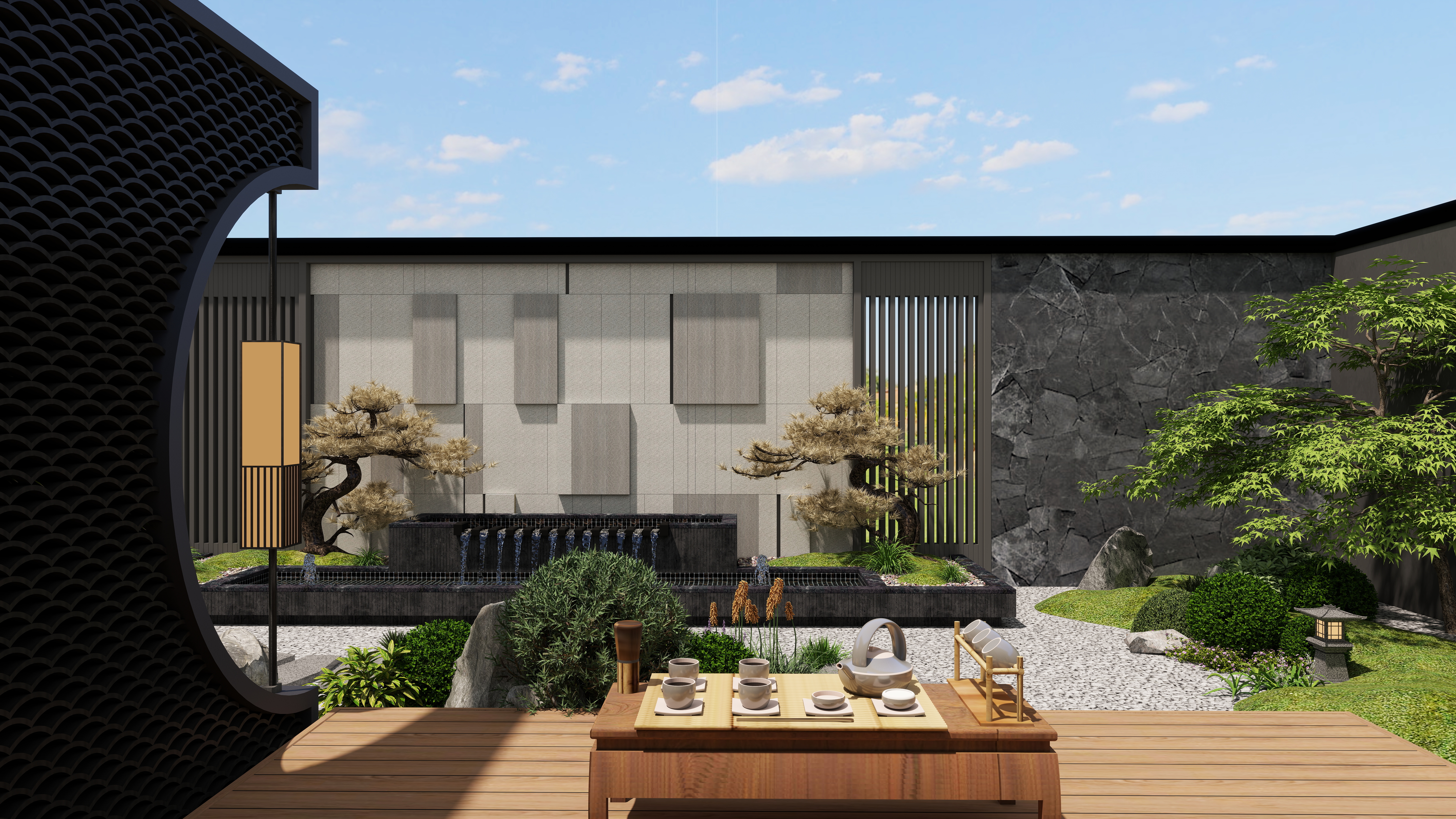 笑问粥可温-新中式别墅庭院景观-装修设计方案