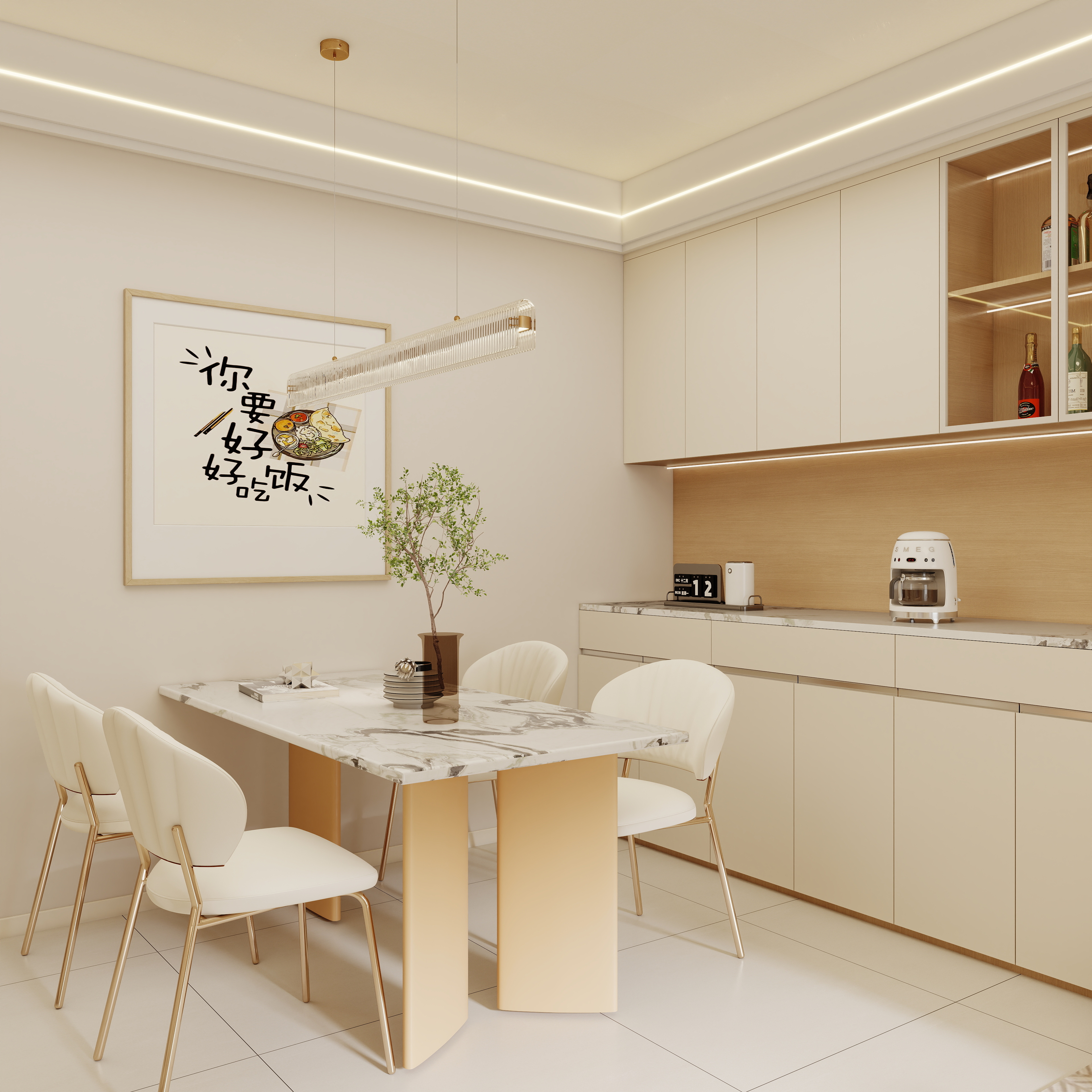 壹诺设计工作室-87㎡2室-奶油风装修效果图