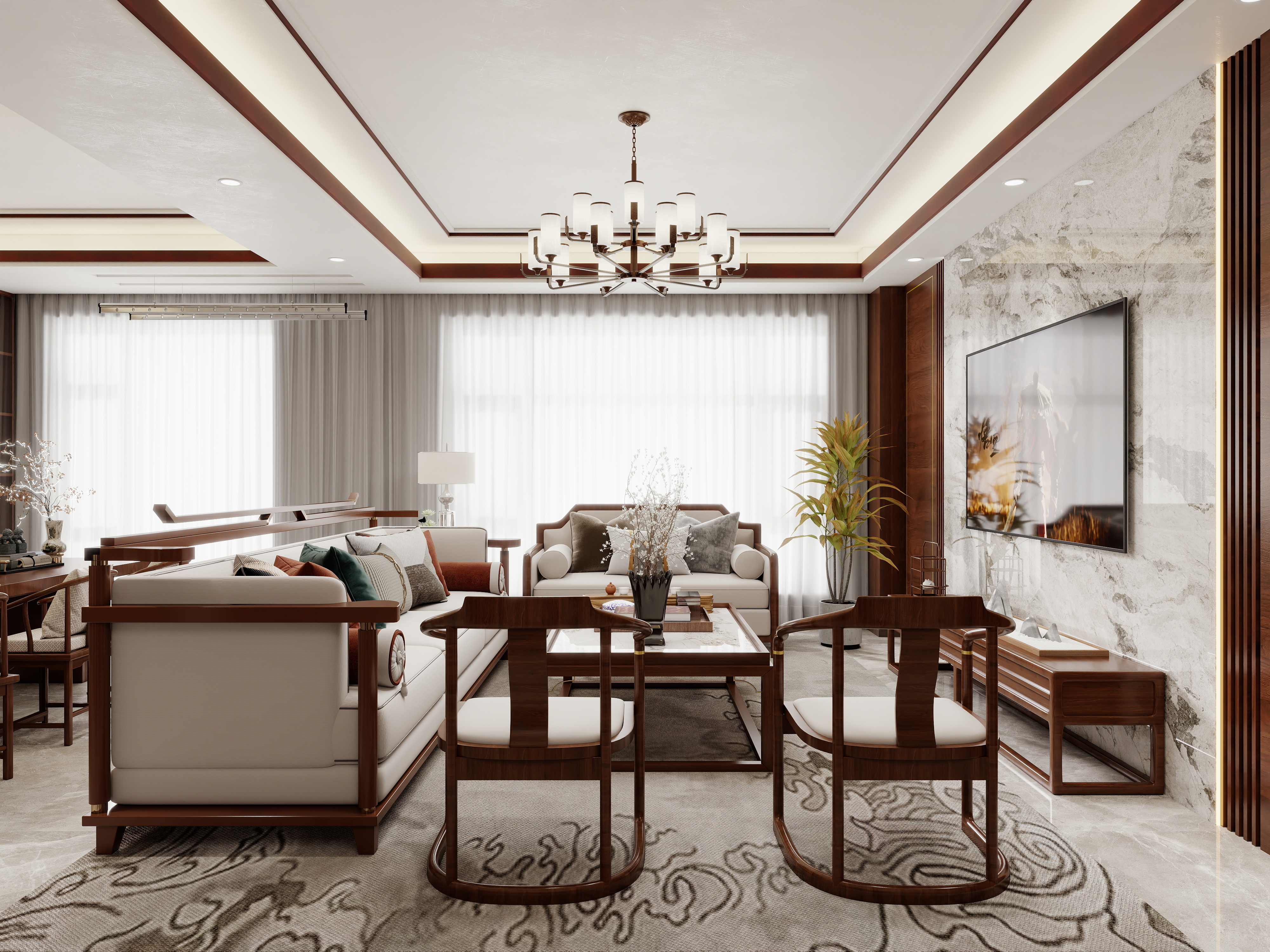 壹诺设计工作室-117㎡3室-新中式装修效果图