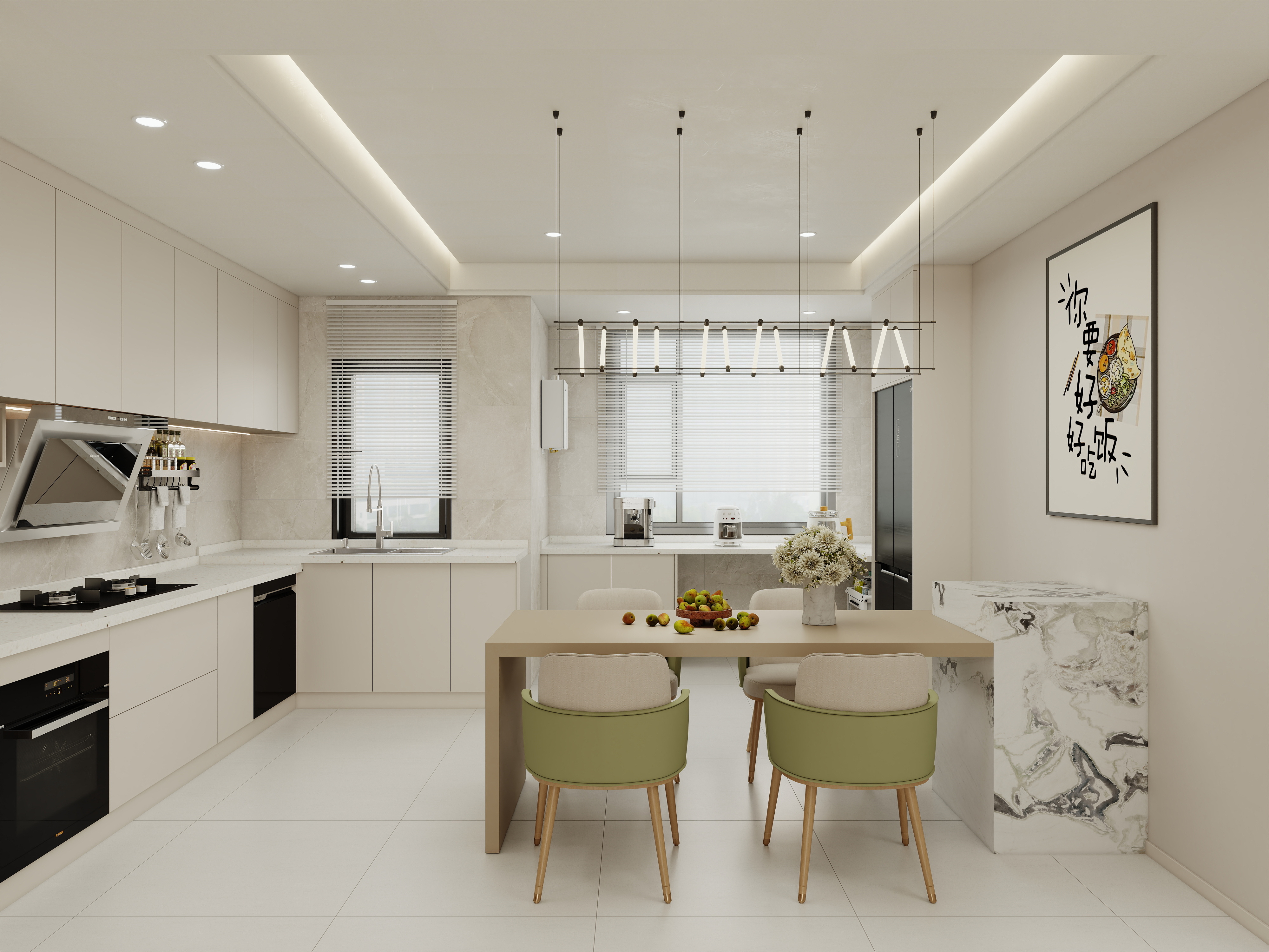 壹诺设计工作室-117㎡3室-现代奶油风一层客餐厅装修效果图第2张