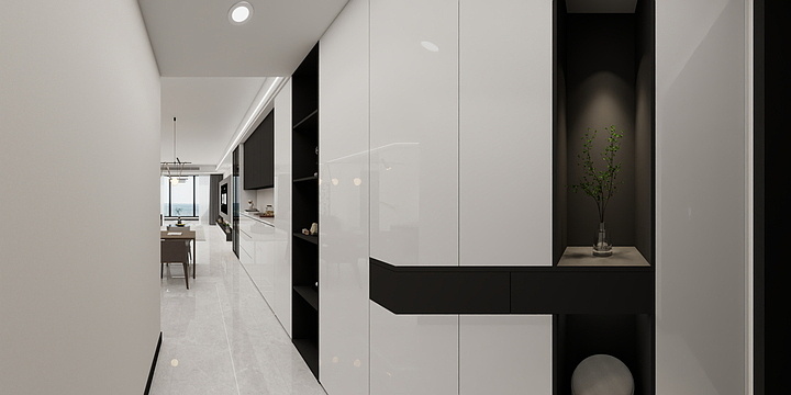 设计师张旭硕-大河宸章  黑白灰现代简约 入户鞋柜加餐边柜加玻璃展柜 电视墙 双眼皮加边吊内嵌灯带 L型衣柜 -装修设计方案