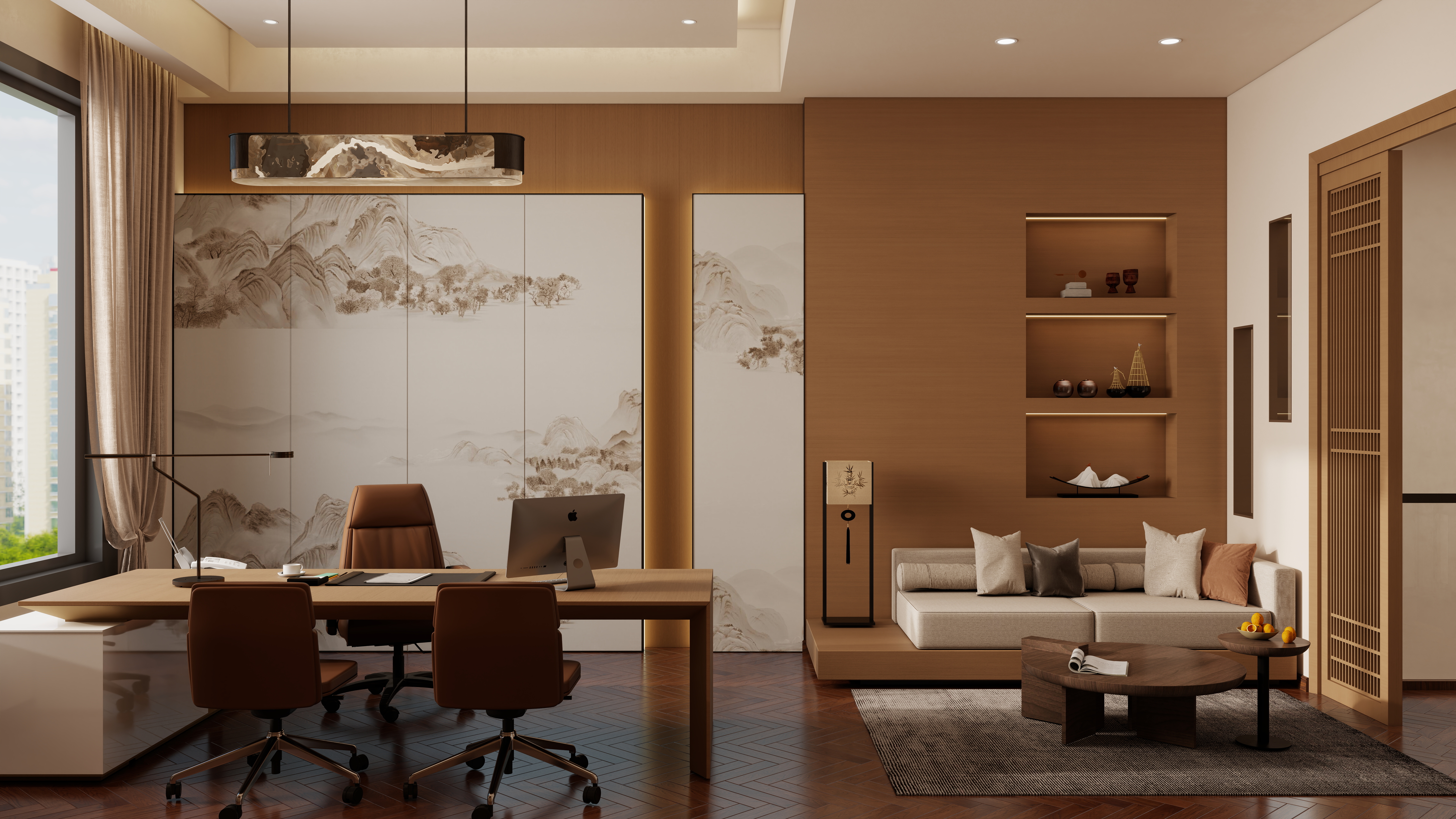 庄育霖-175平复式新中式办公室设计二层经理室装修效果图第3张