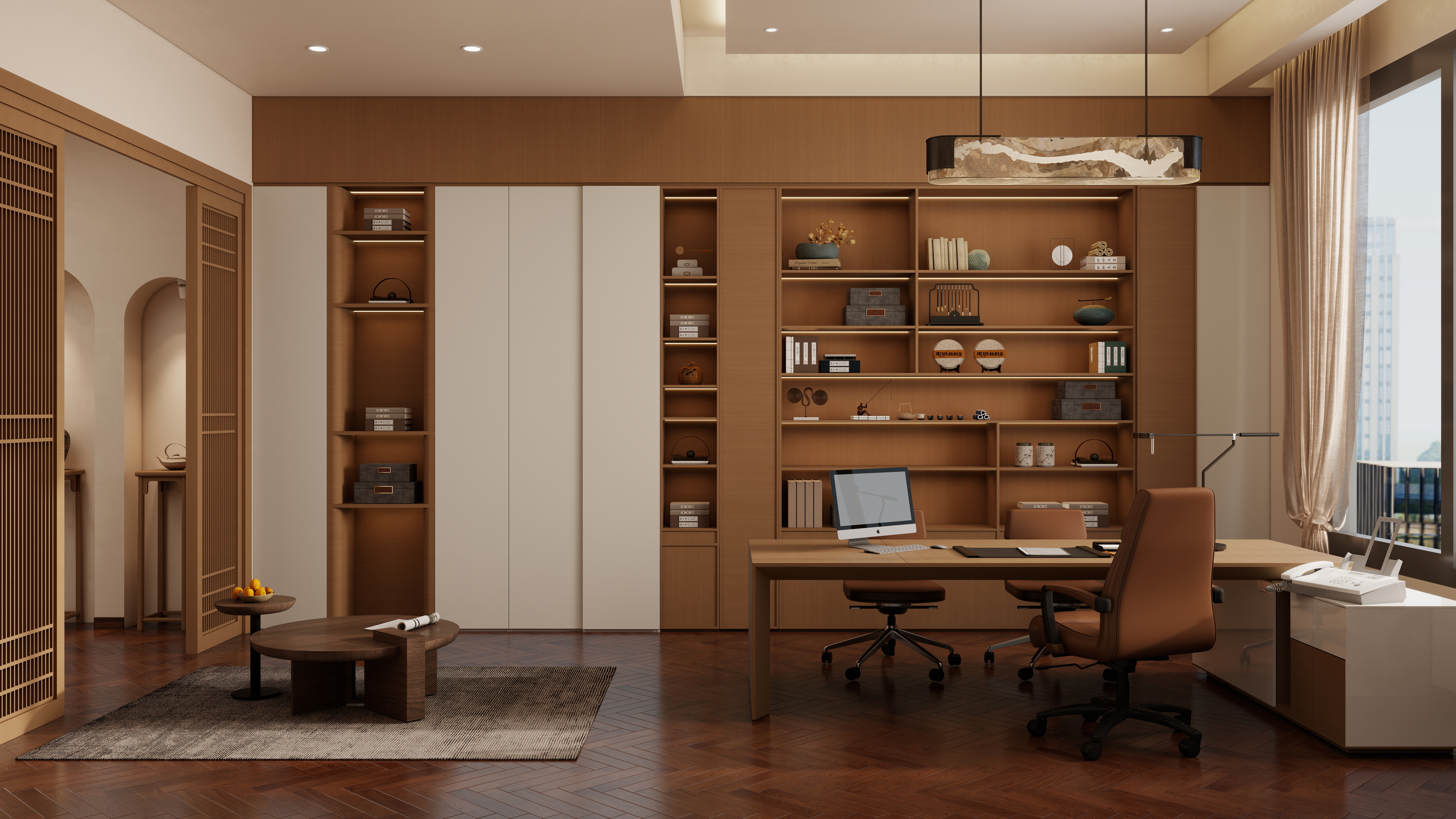 庄育霖-175平复式新中式办公室设计二层经理室装修效果图第1张