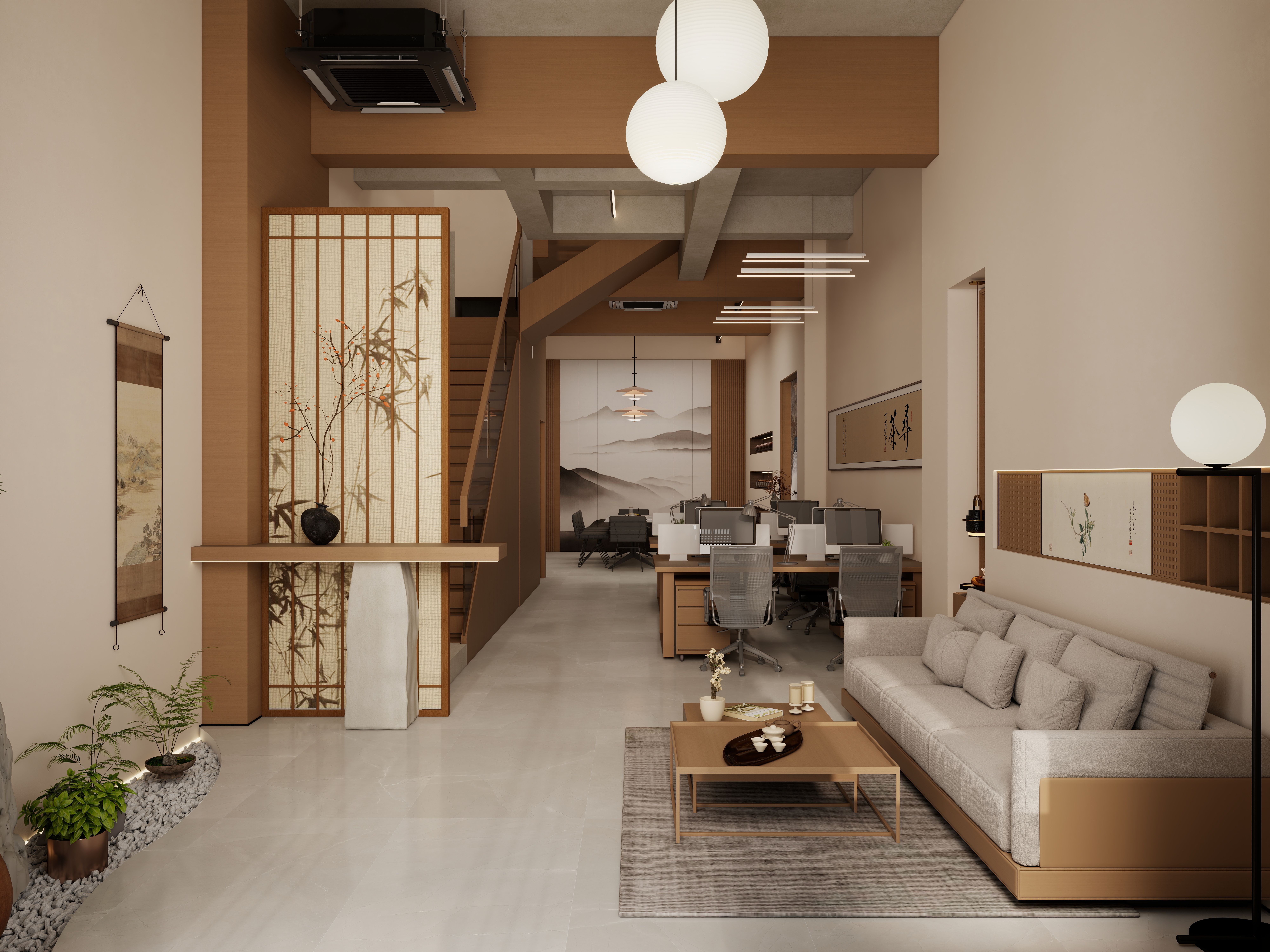 庄育霖-175平复式新中式办公室设计一层办公室装修效果图第3张