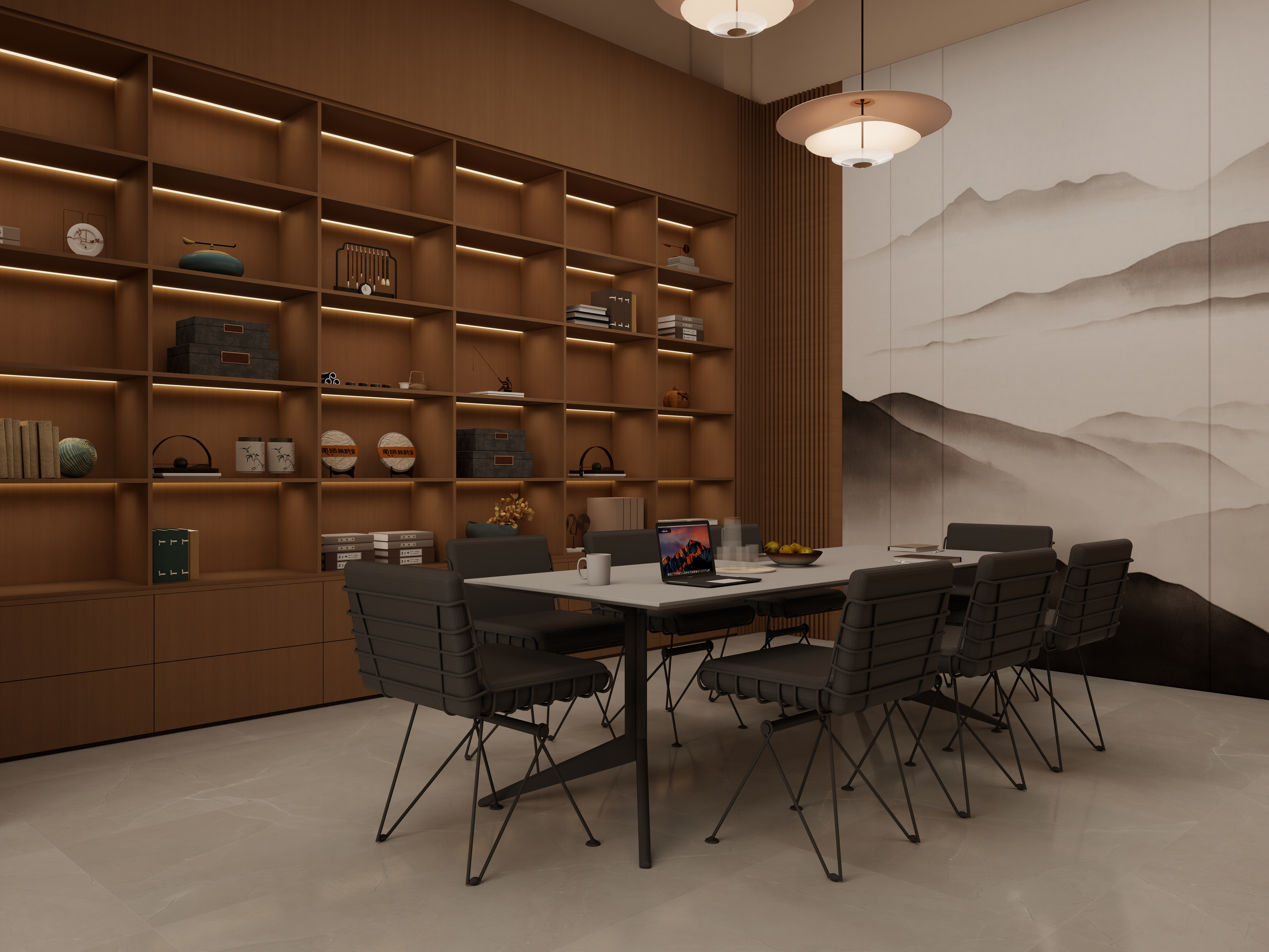 庄育霖-175平复式新中式办公室设计一层会议室装修效果图第1张