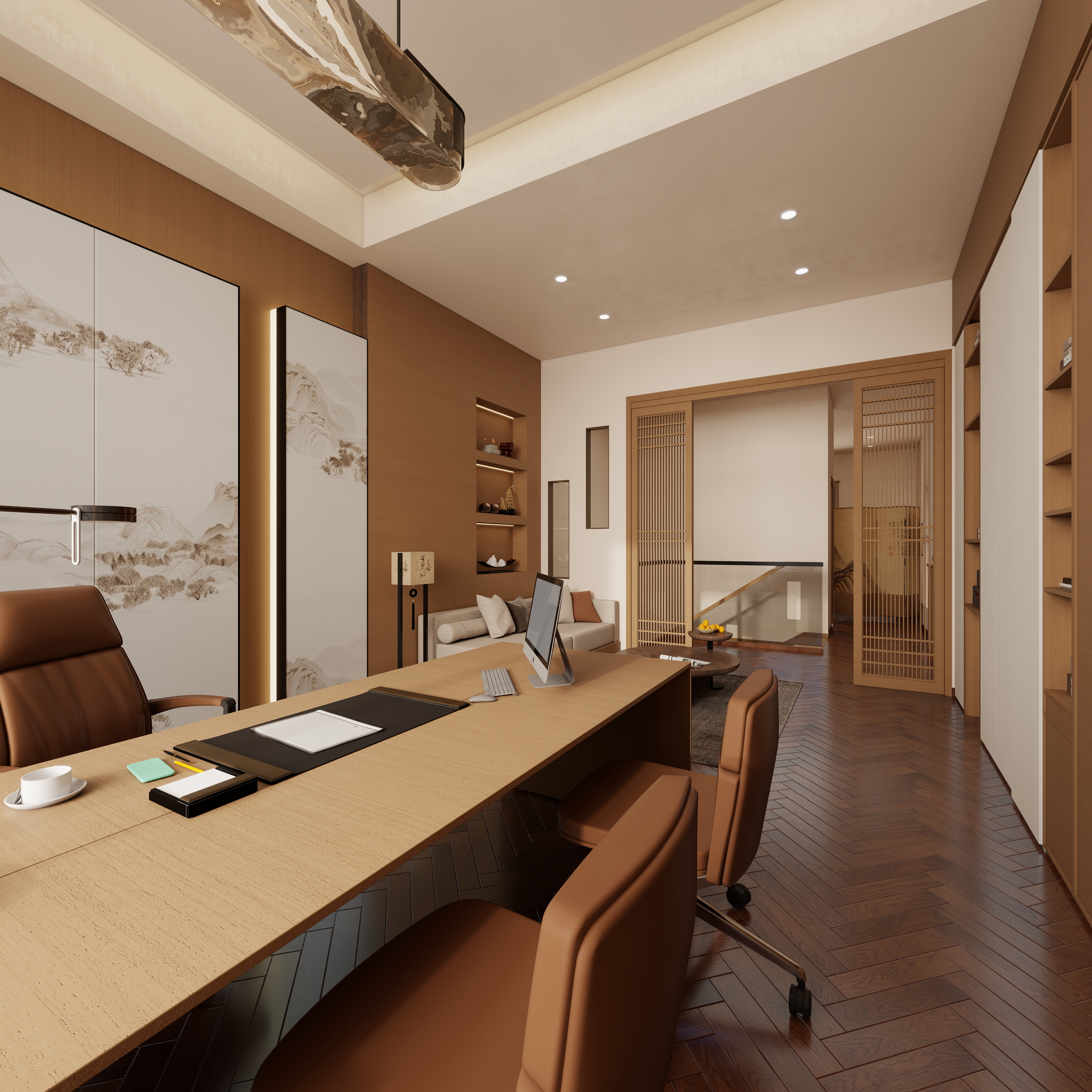 庄育霖-175平复式新中式办公室设计二层经理室装修效果图第5张
