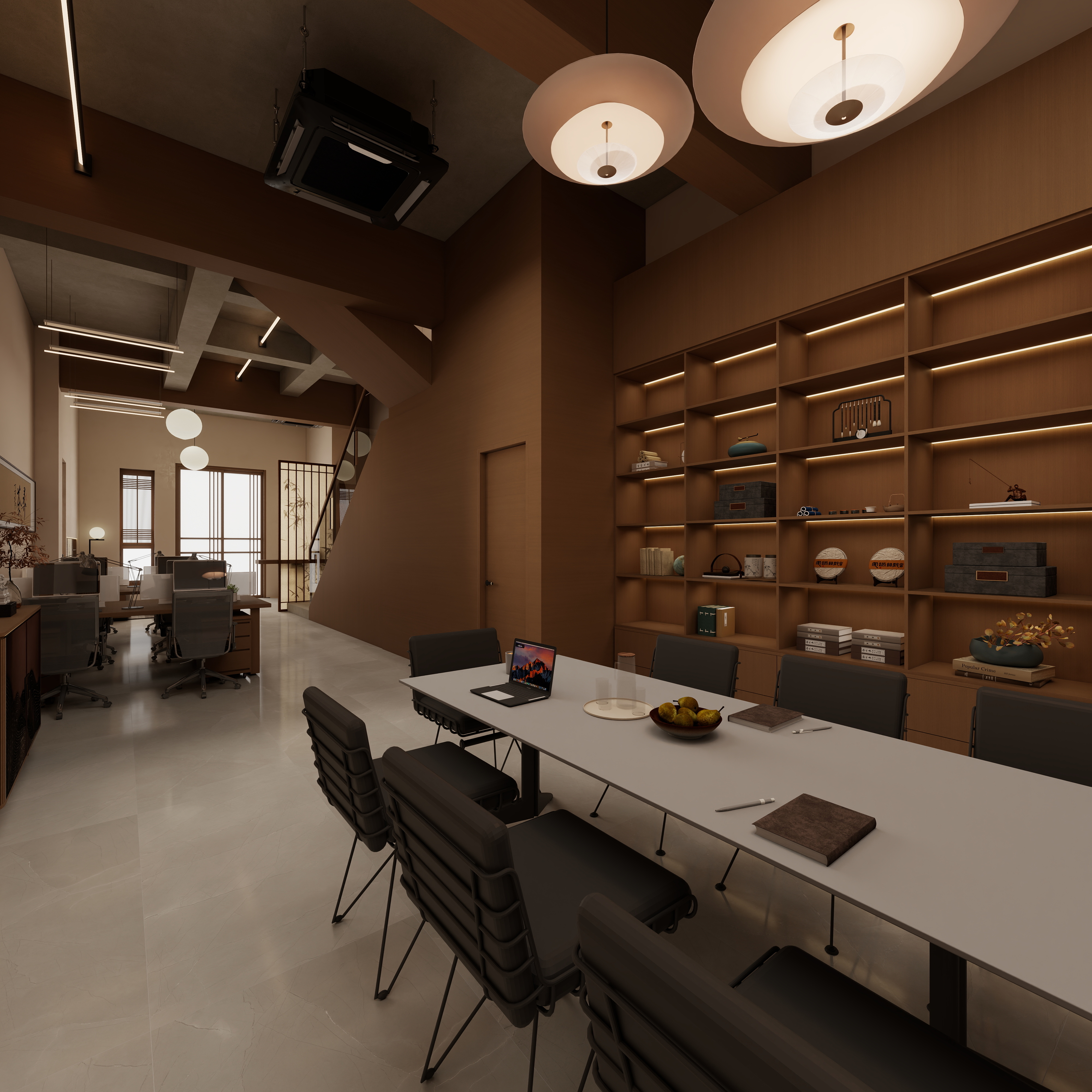 庄育霖-175平复式新中式办公室设计一层会议室装修效果图第4张