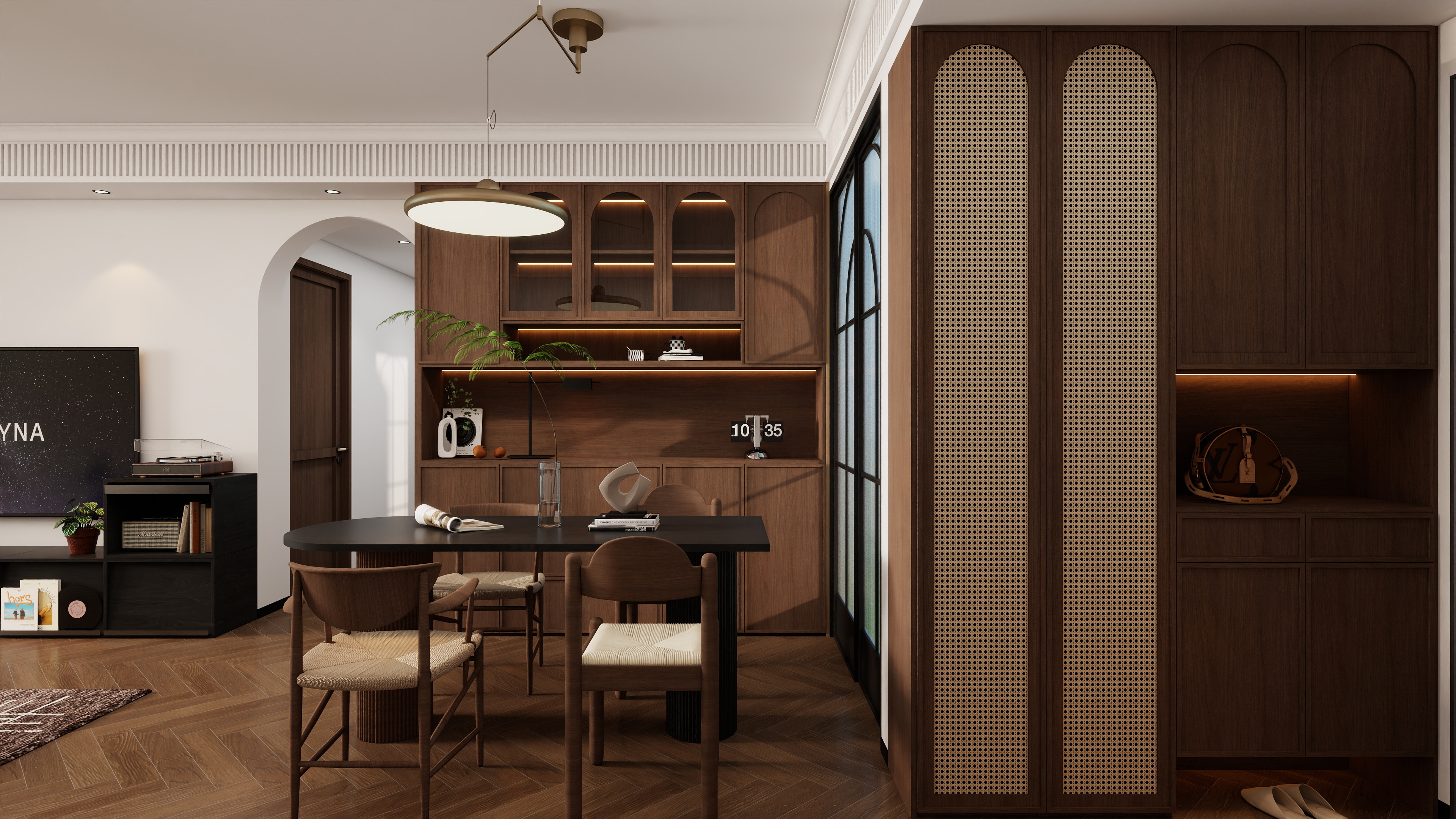 果乐设计-43方中古风格客餐厅装修效果图