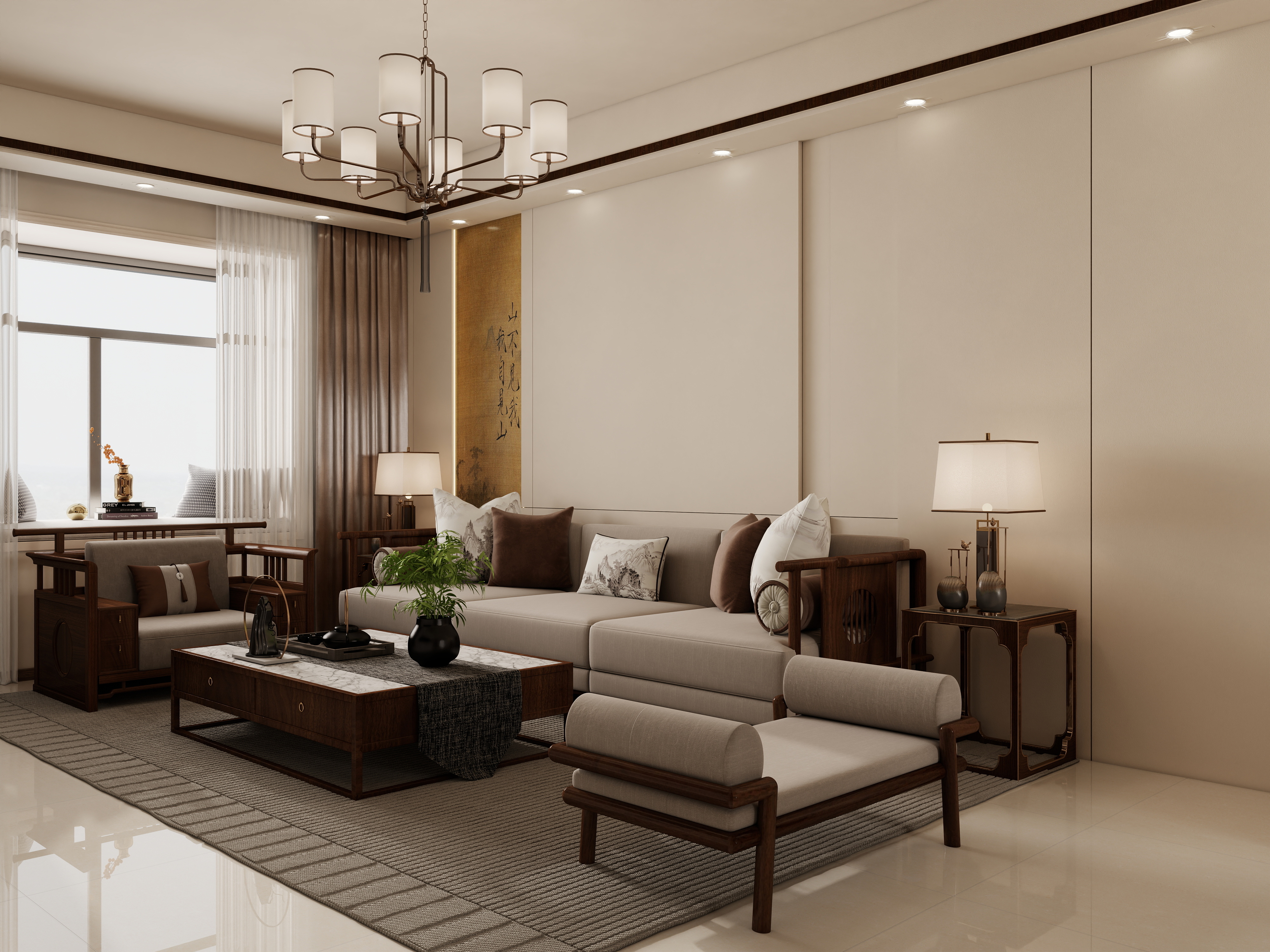 庄育霖-天伦华府100平新中式3室装修效果图