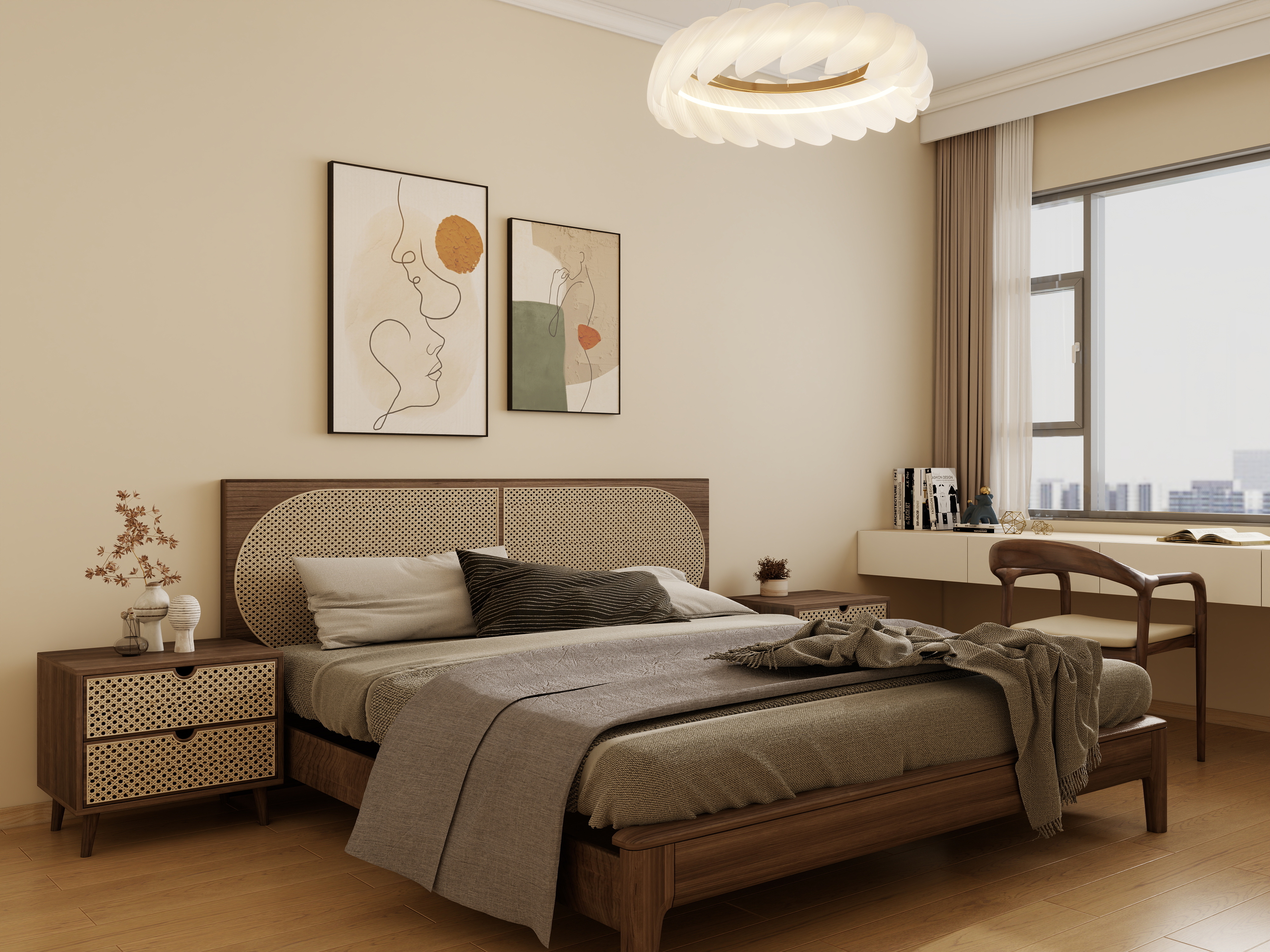 庄育霖-明珠雅苑123平奶油原木风4室装修效果图