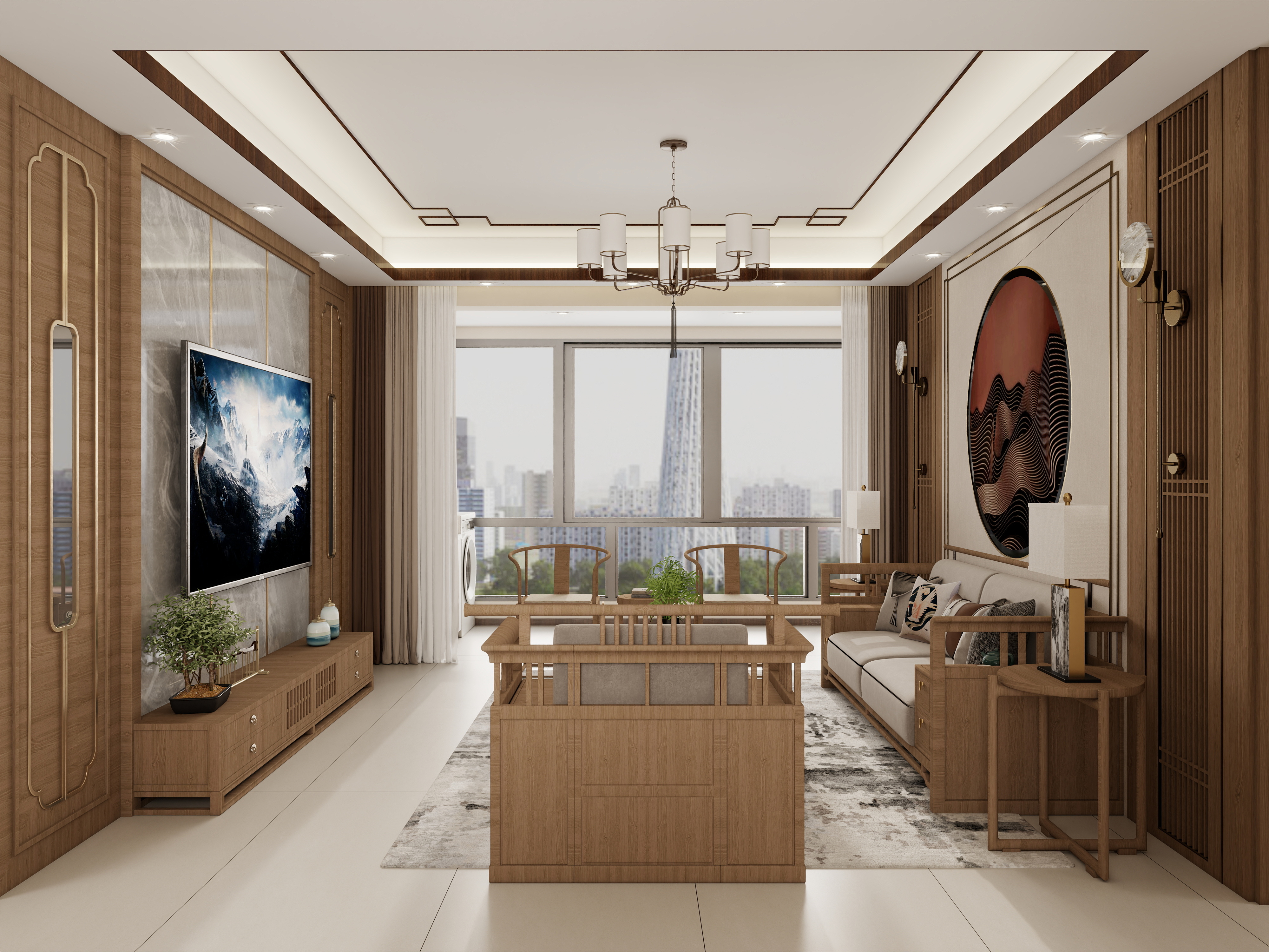 庄育霖-国际花都102平新中式3室装修效果图