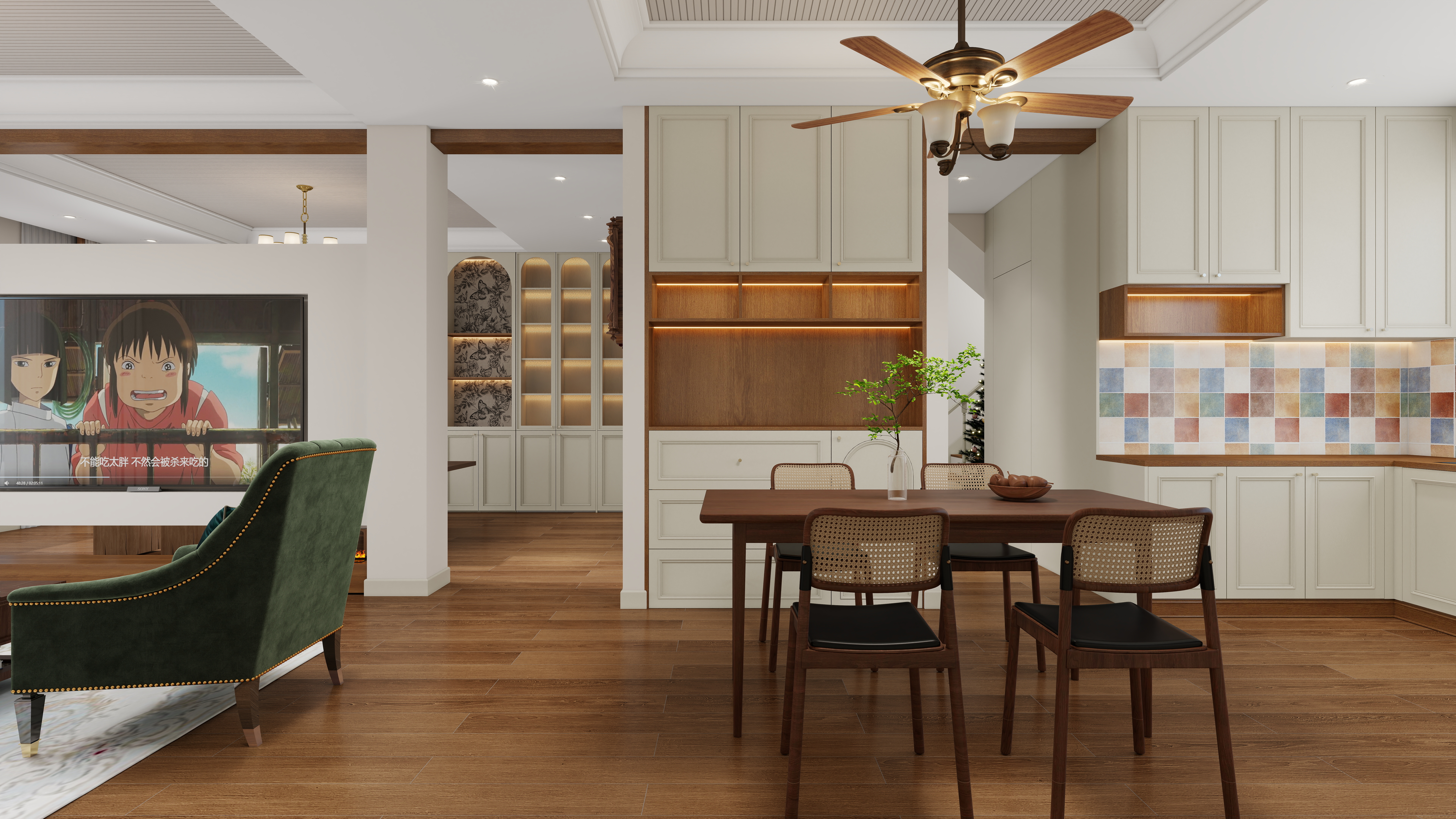 张岩-鹿鸣湾复式楼美式田园一层餐厅装修效果图第2张