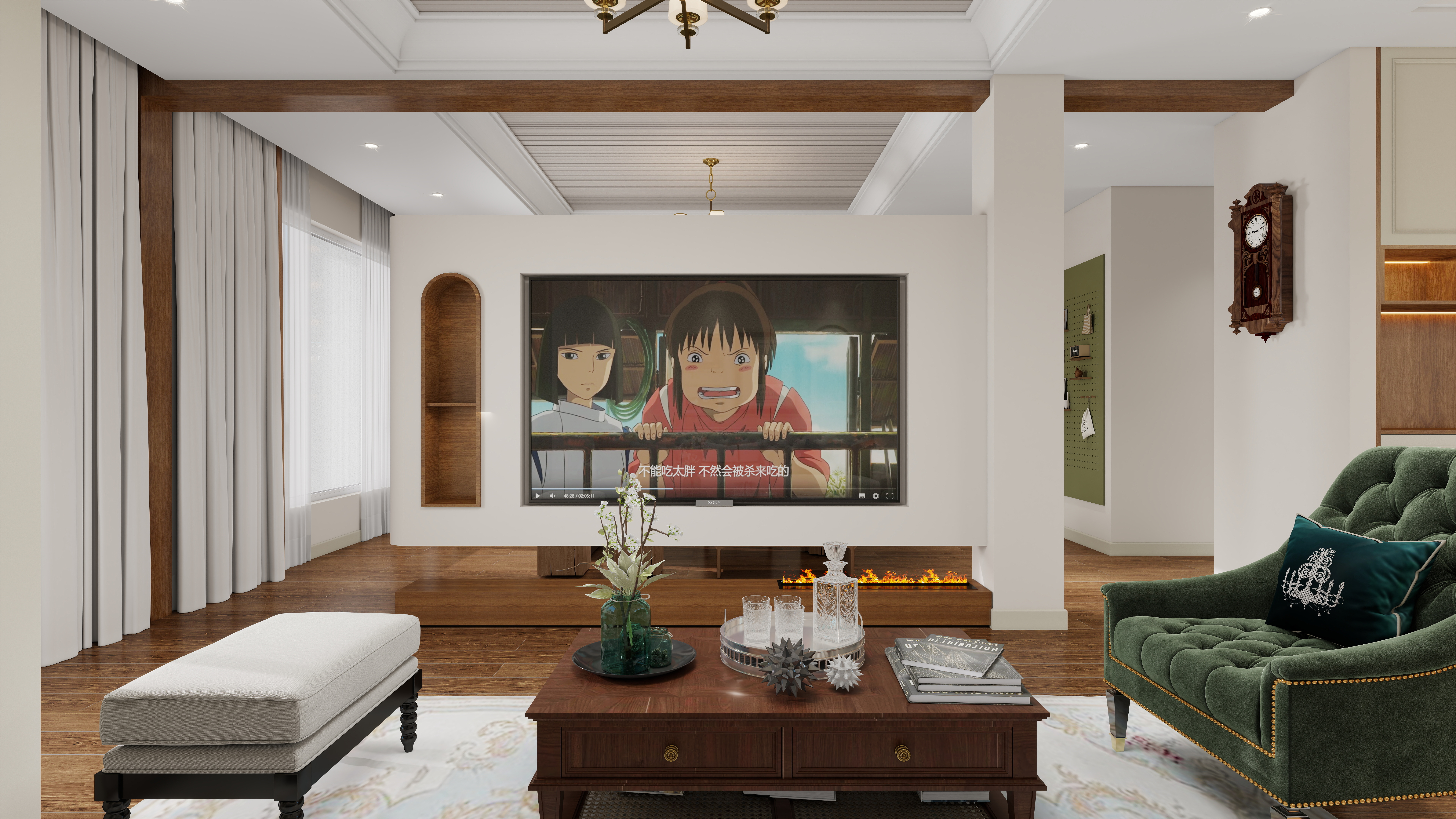 张岩-鹿鸣湾复式楼美式田园一层客厅装修效果图第1张